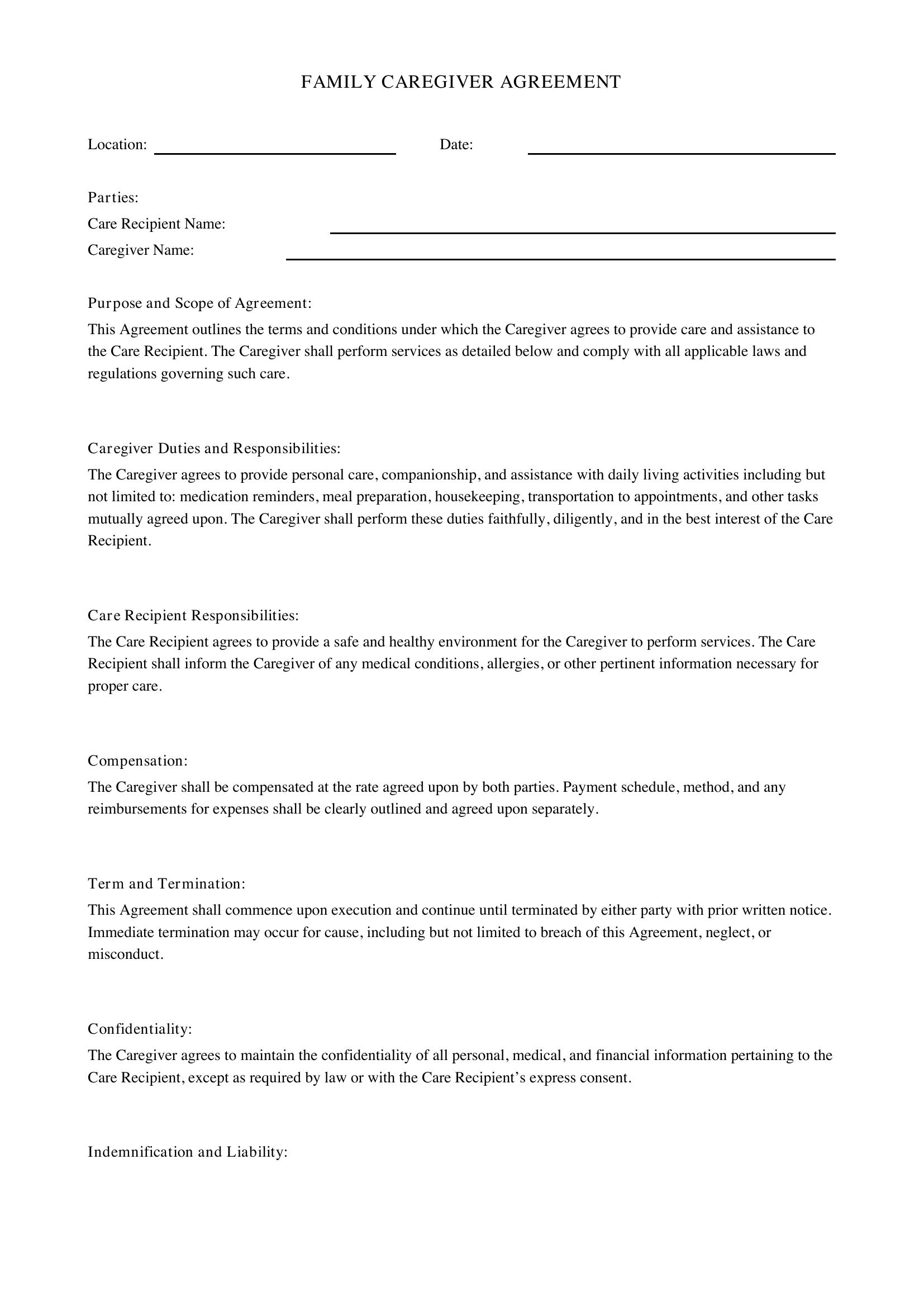 Family Caregiver Agreement Template - US