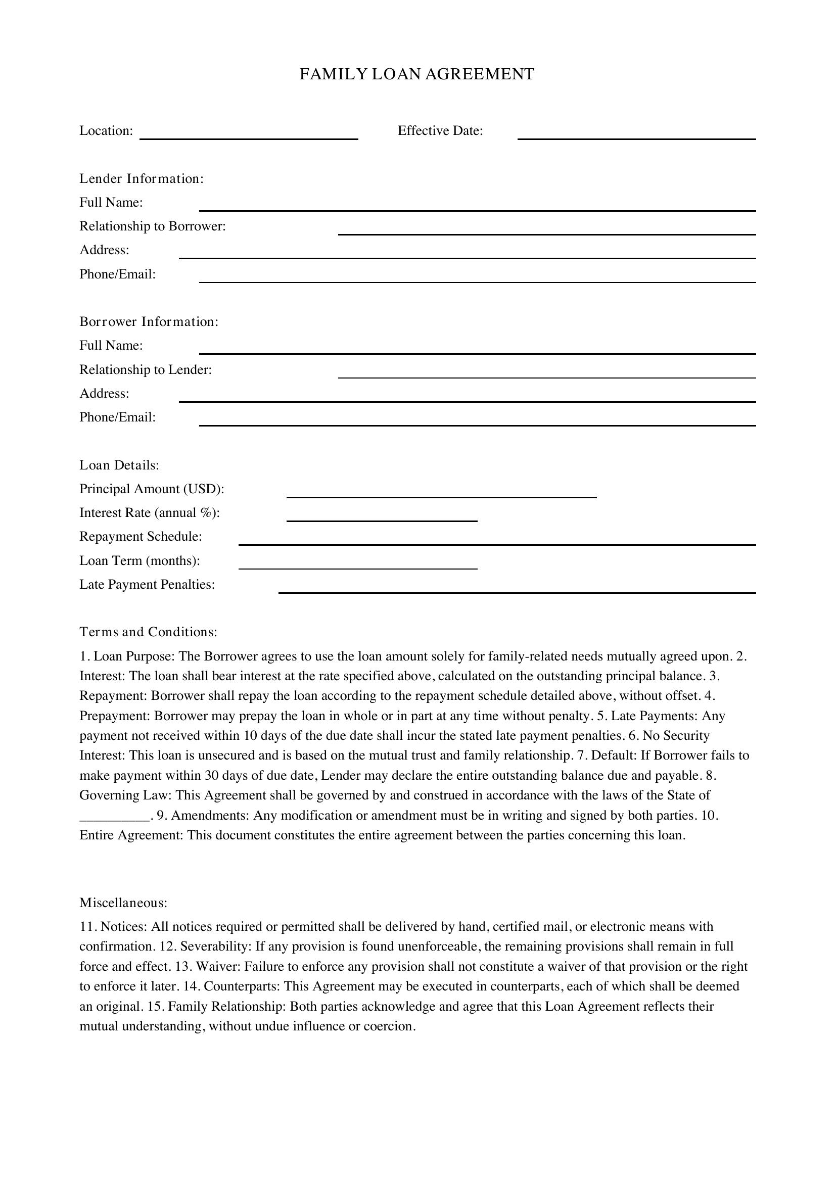 Family Loan Agreement Template - US