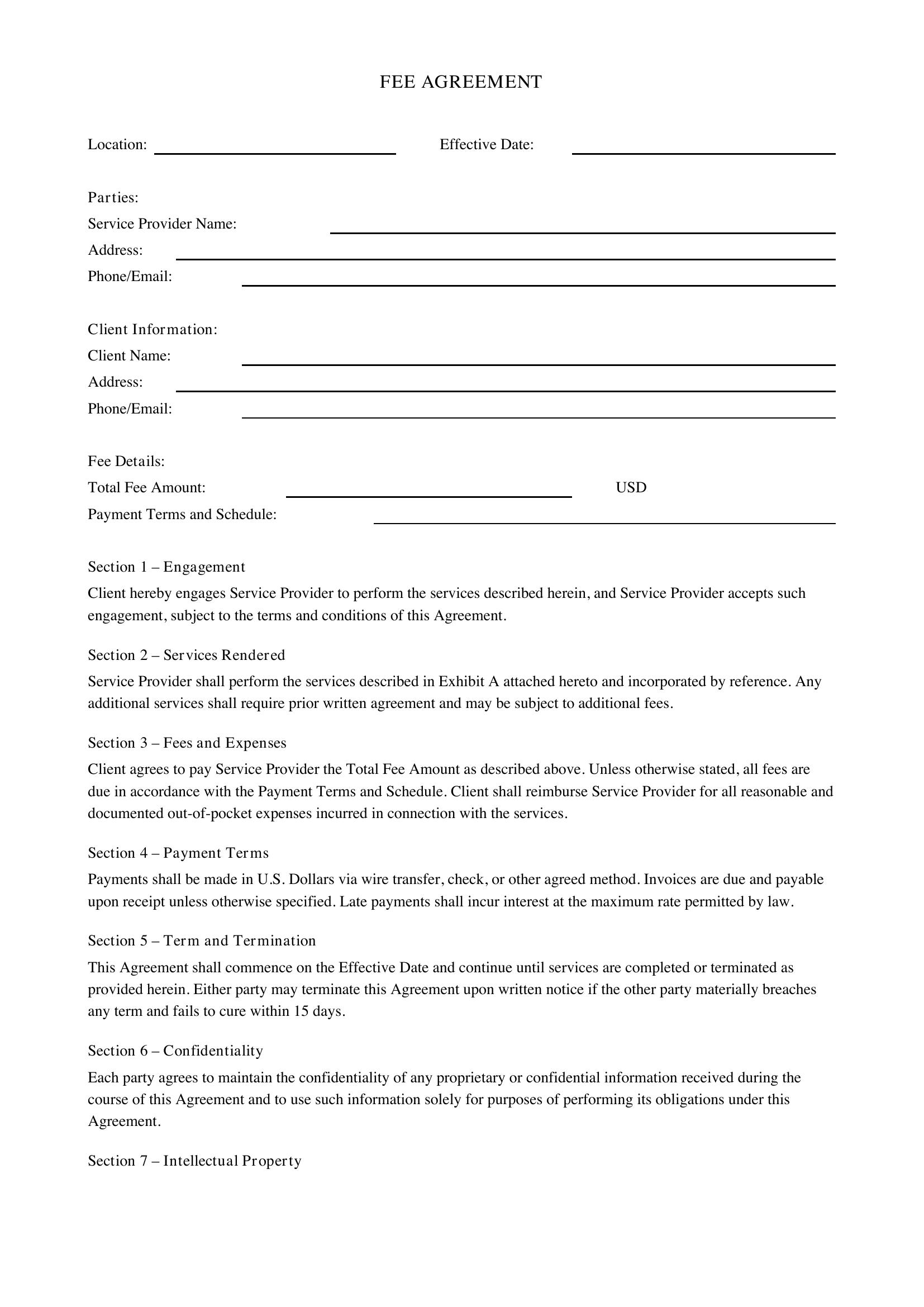 Fee Agreement Template - US