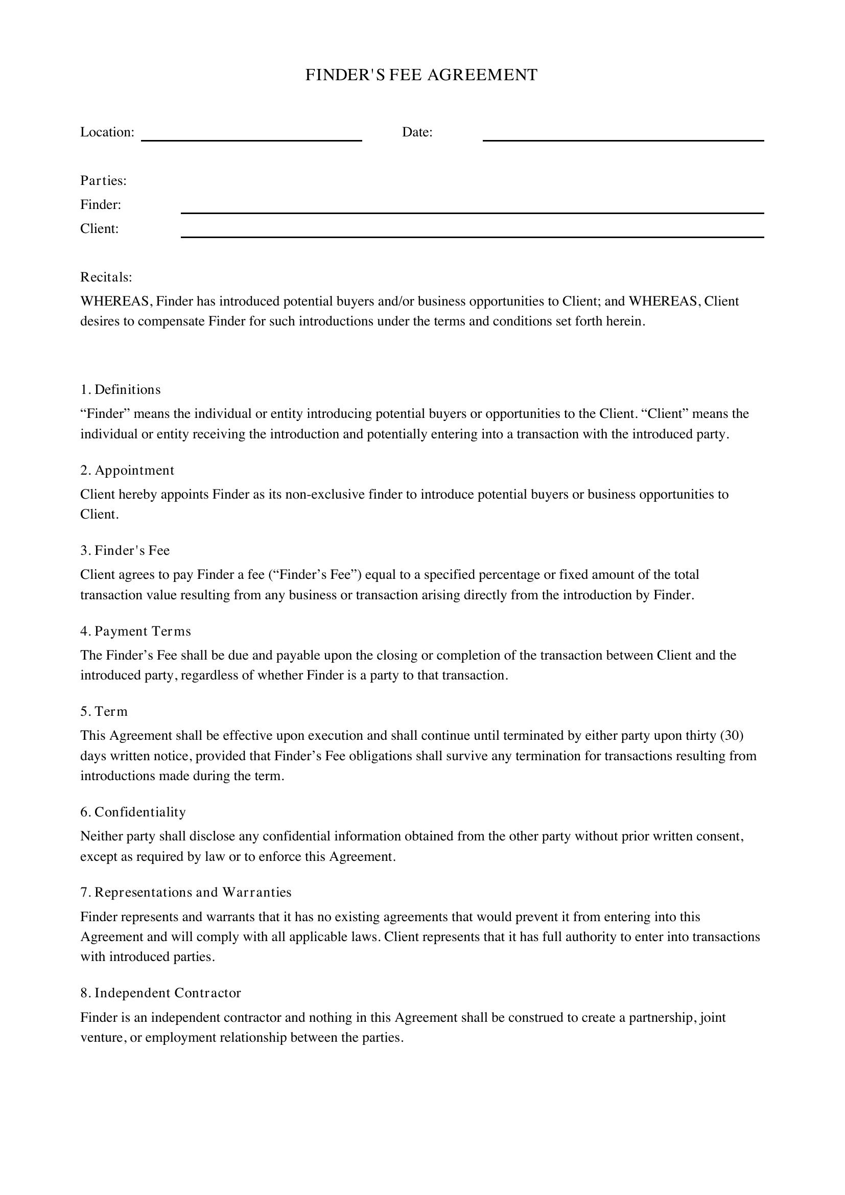 Finder'S Fee Agreement Template - US