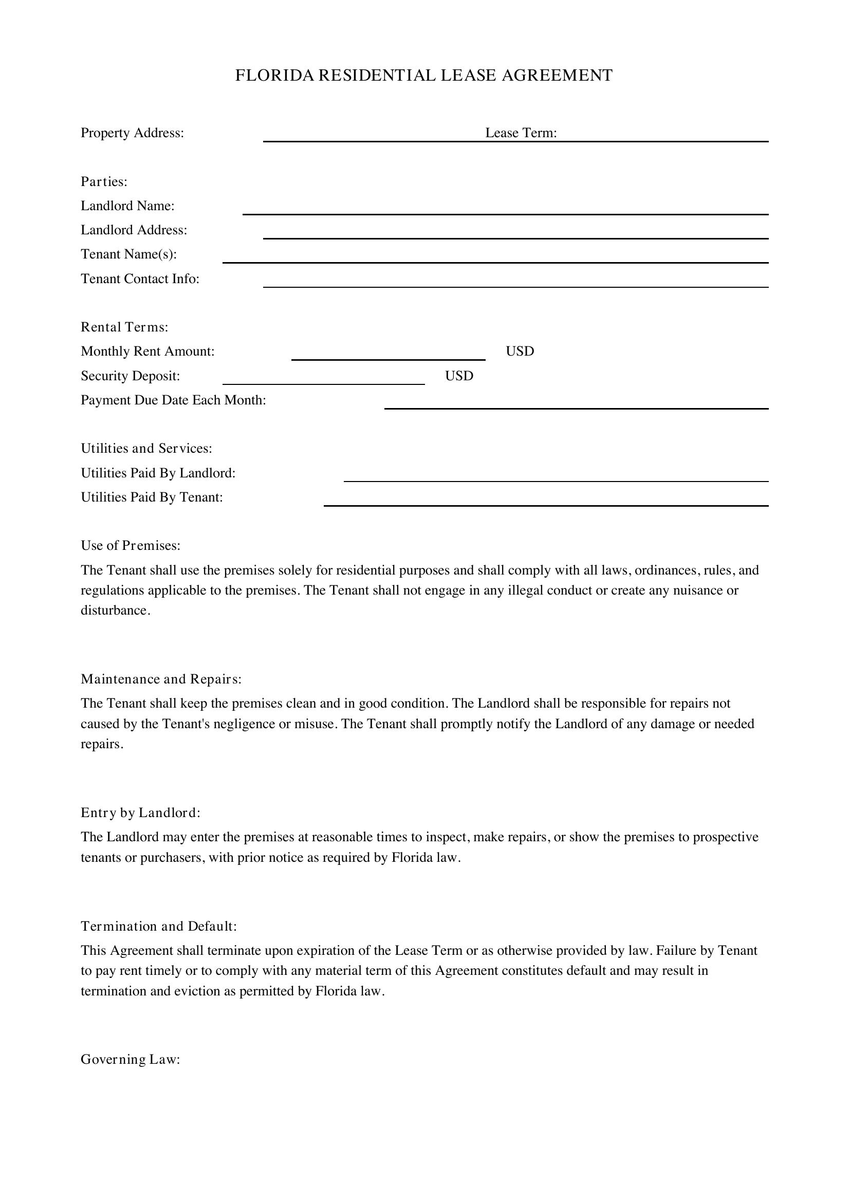 Florida Rental Agreement Template - US