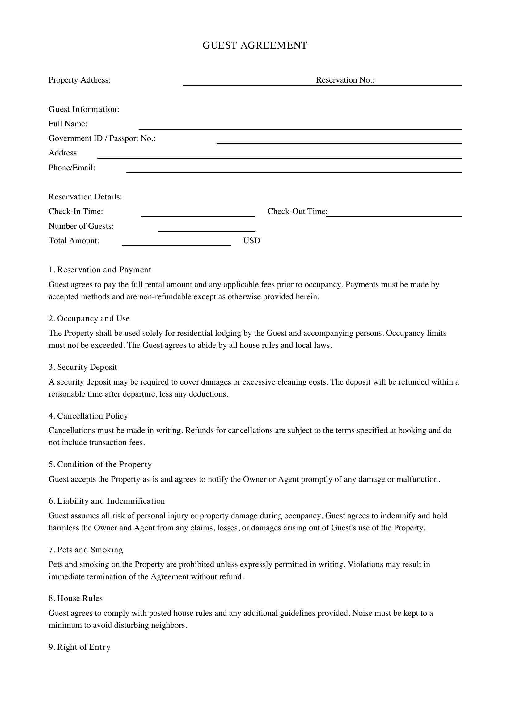 Guest Agreement Template - US
