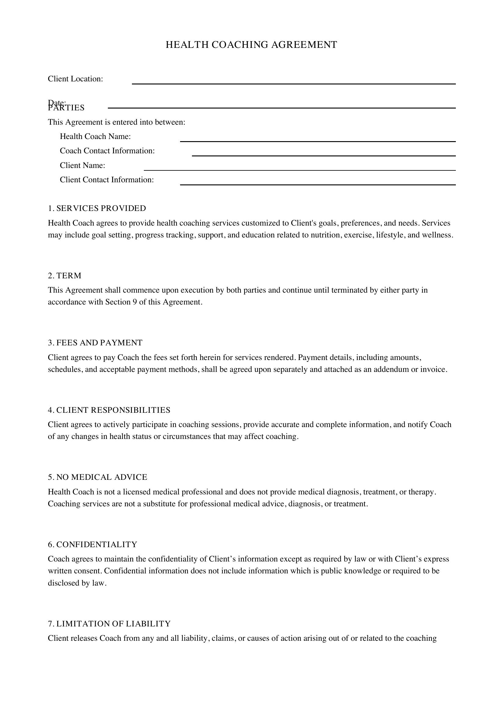 Health Coaching Agreement Template - US