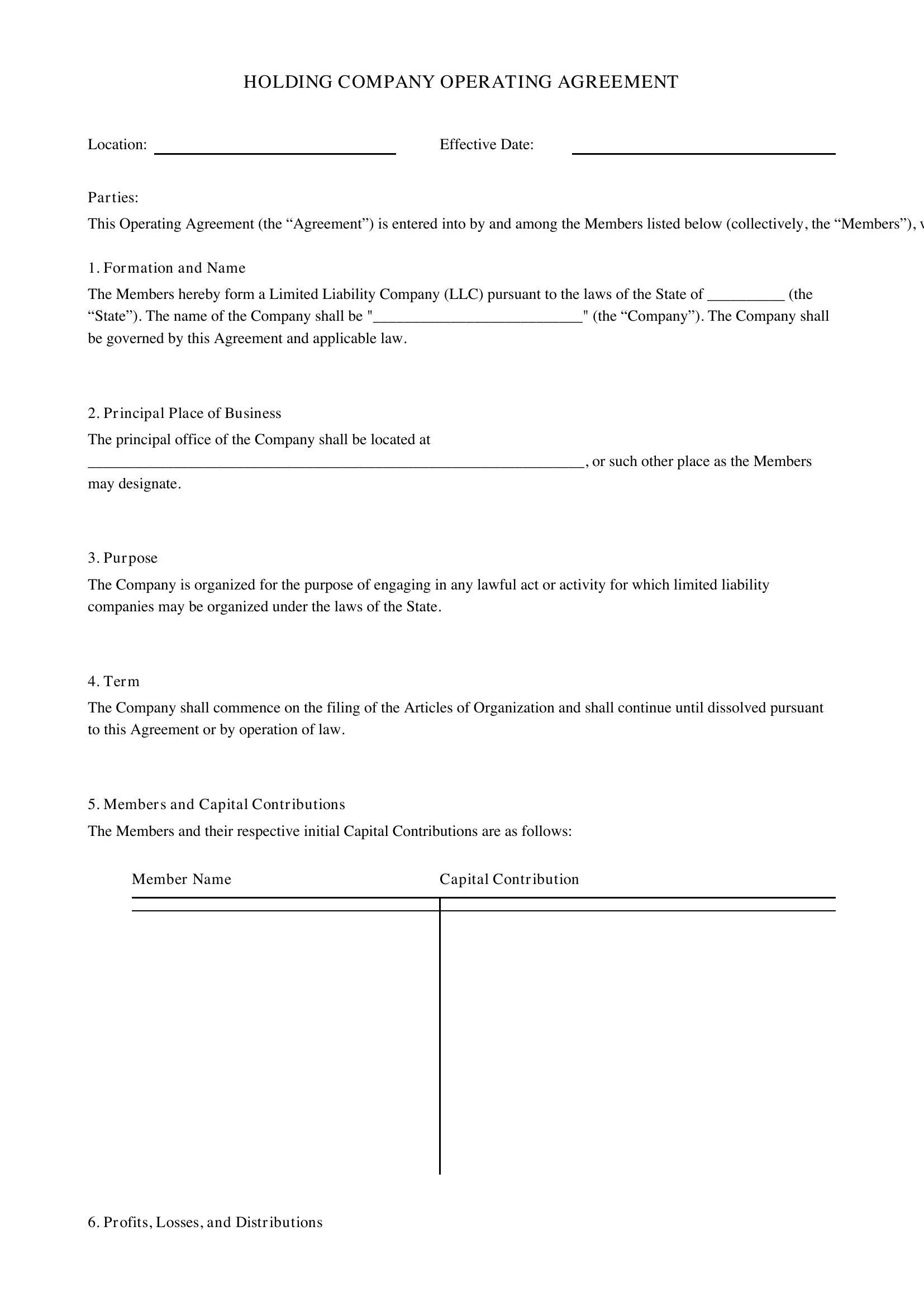 Holding Company Operating Agreement Template - US