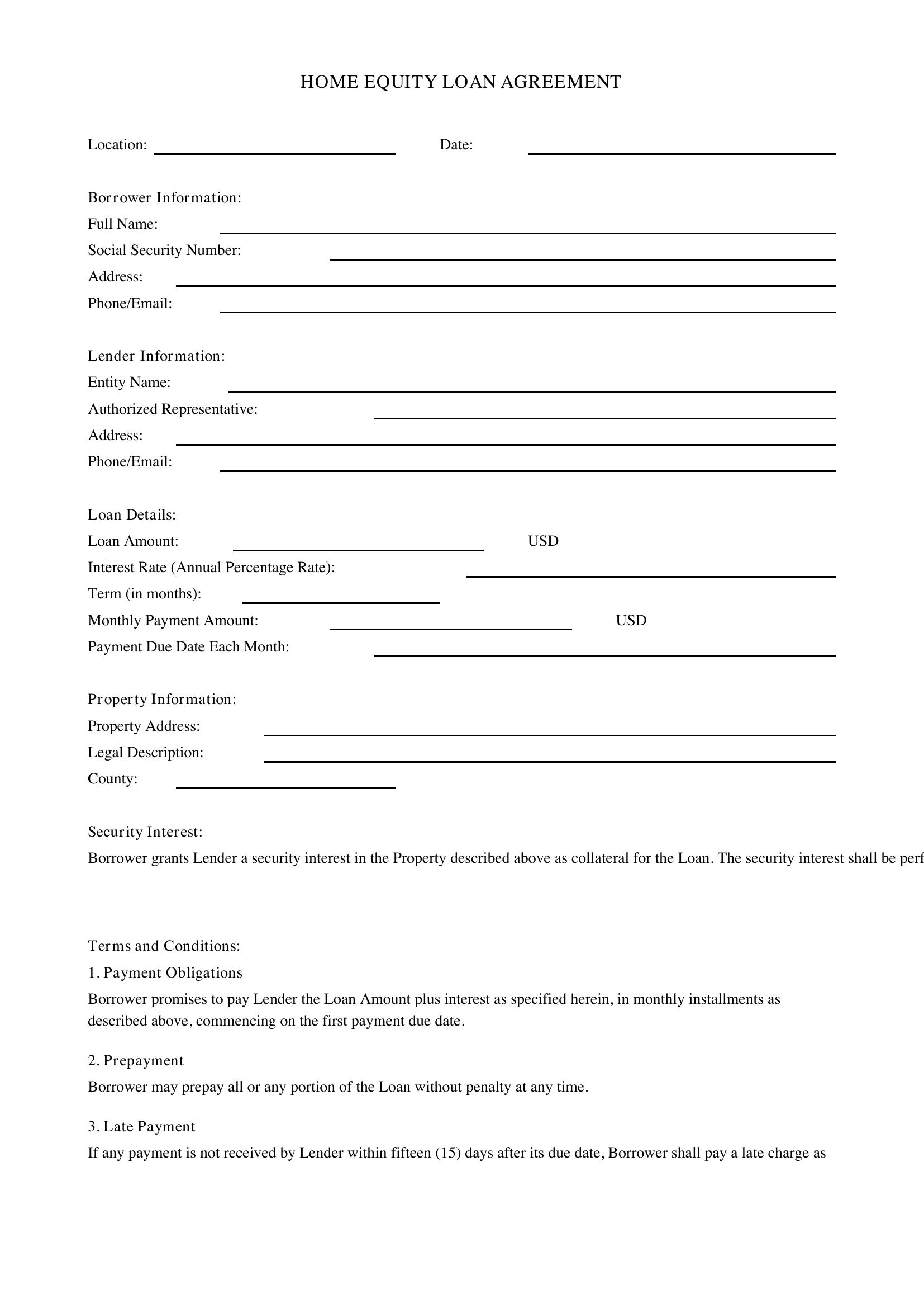 Home Equity Loan Agreement Template - US