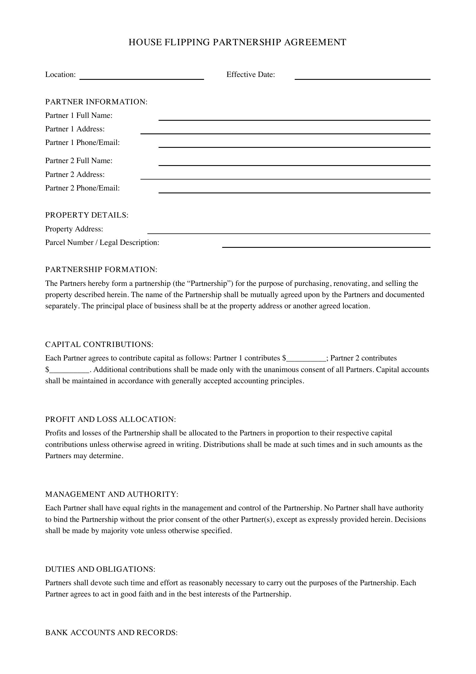 House Flipping Partnership Agreement Template - US