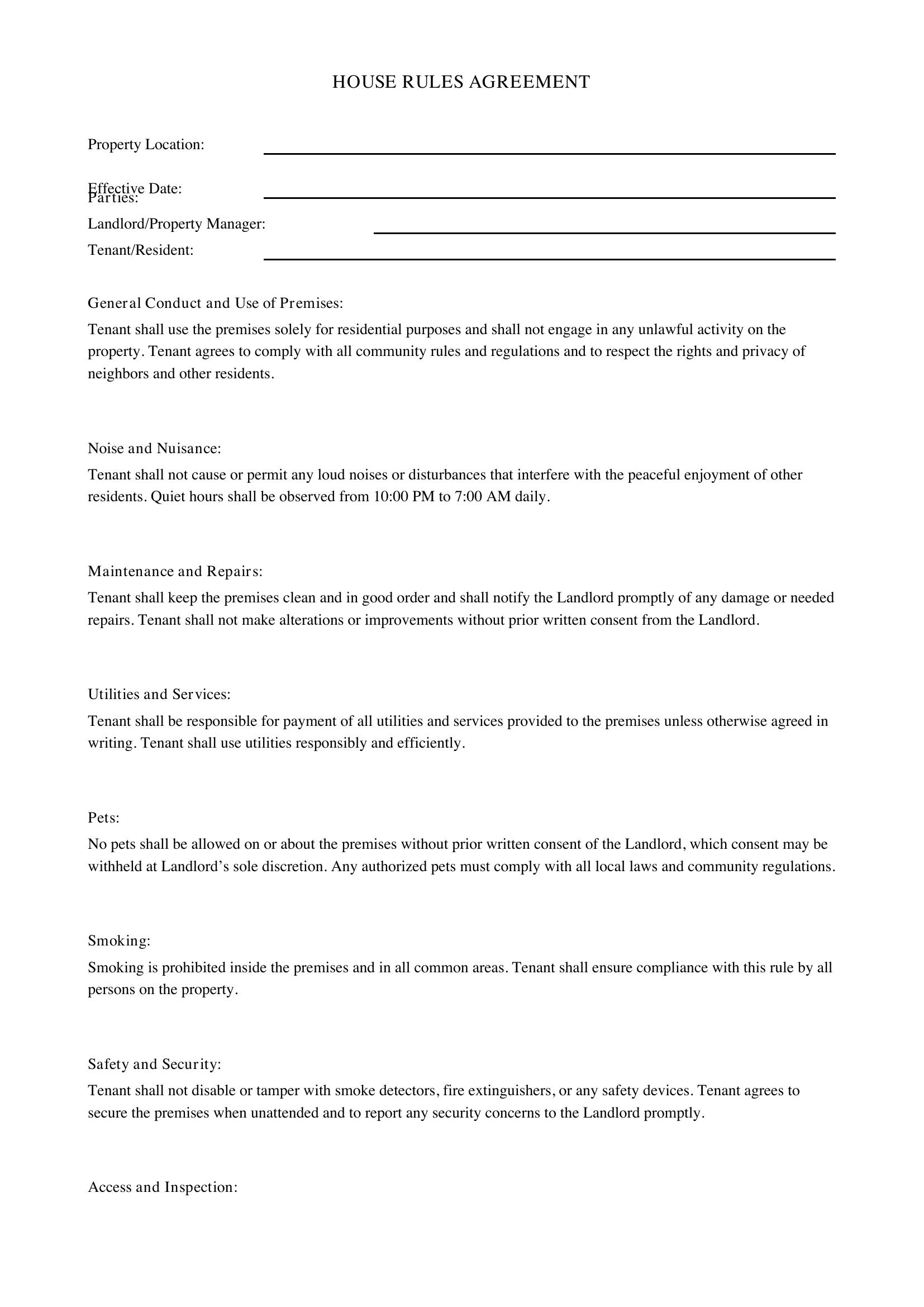 House Rules Agreement Template - US
