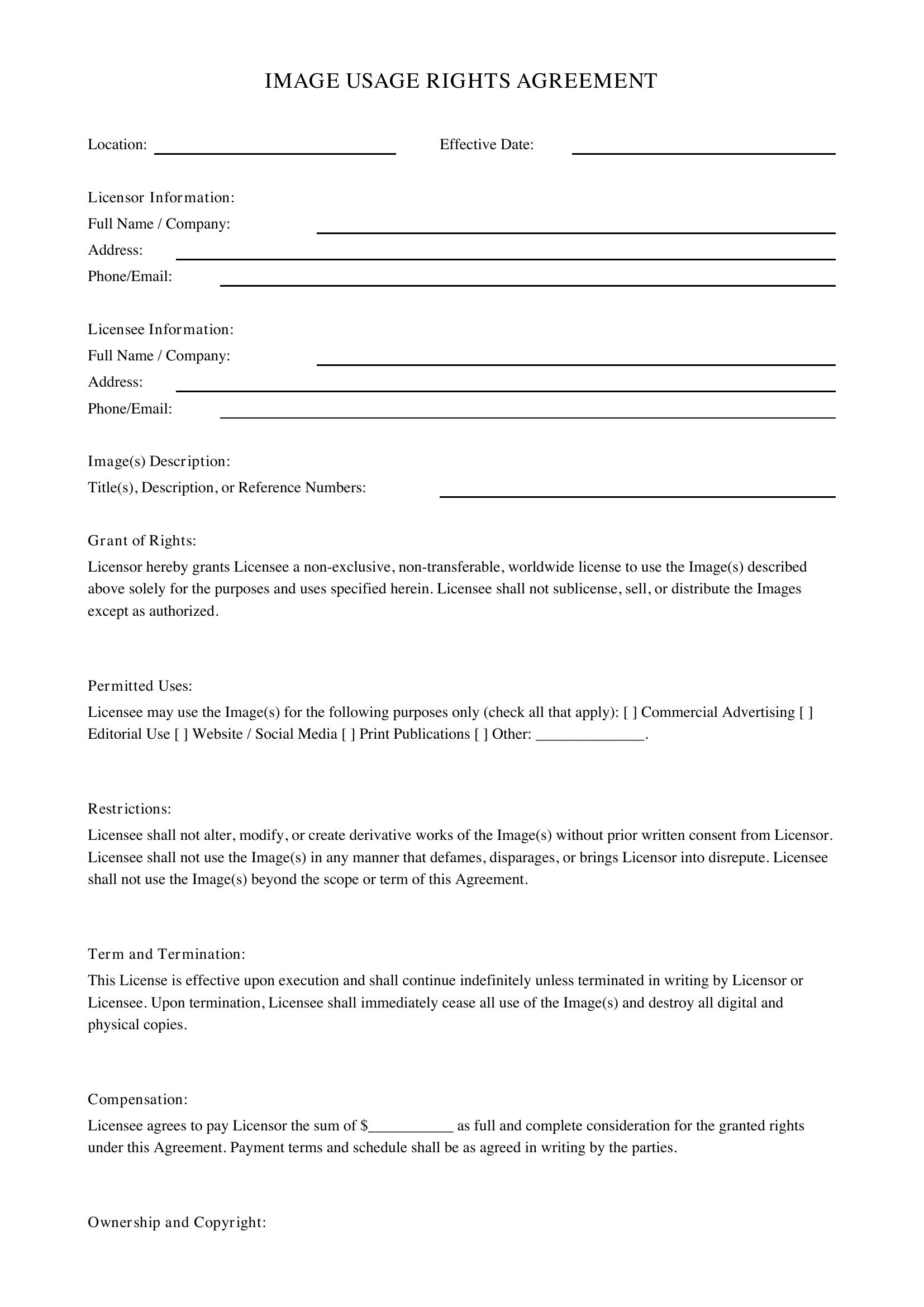 Image Usage Rights Agreement Template - US