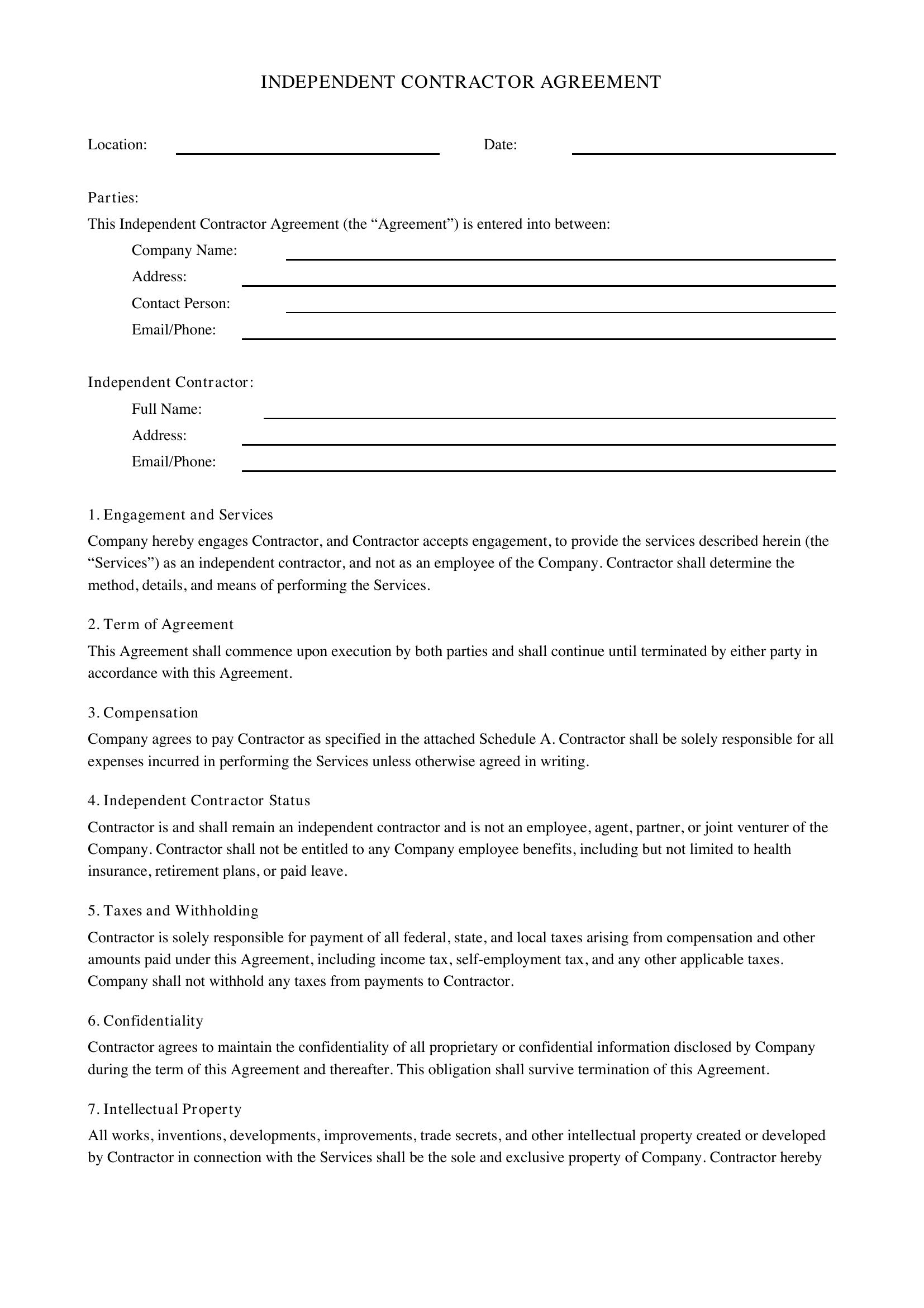 Independent Contractor Agreement Template - US