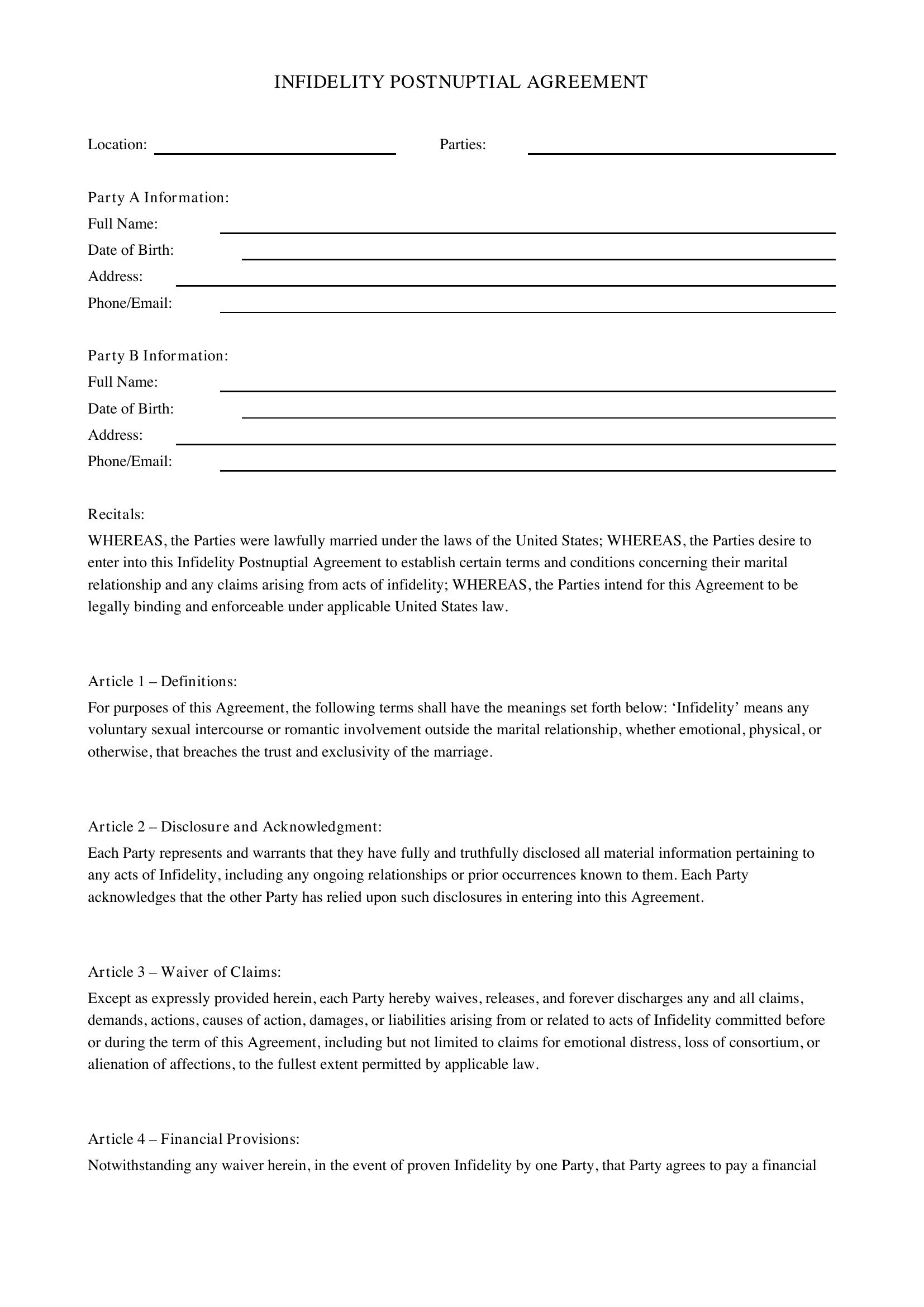 Infidelity Postnuptial Agreement Template - US