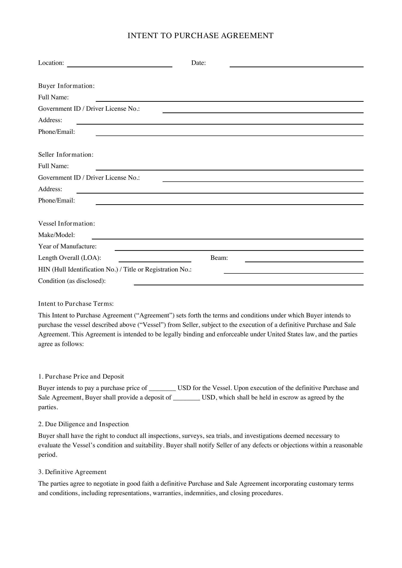 Intent To Purchase Agreement Template - US