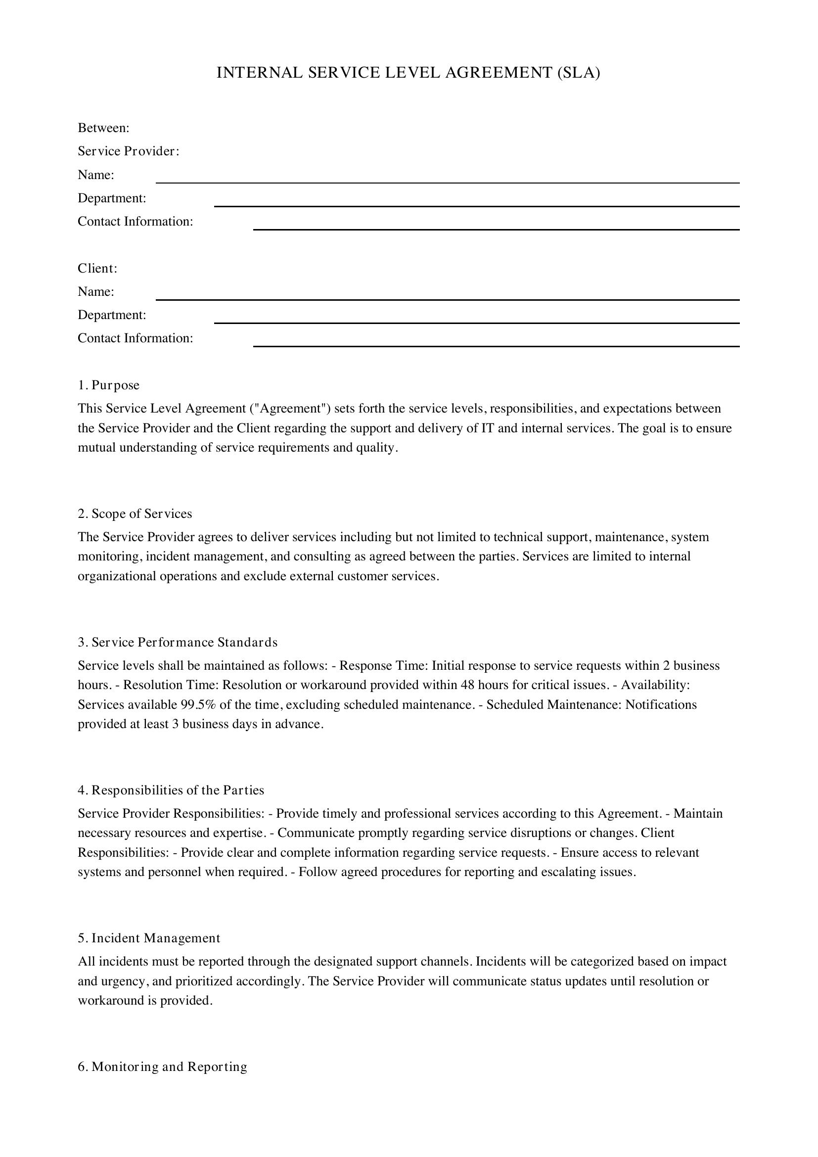 Internal Service Level Agreement Template - US