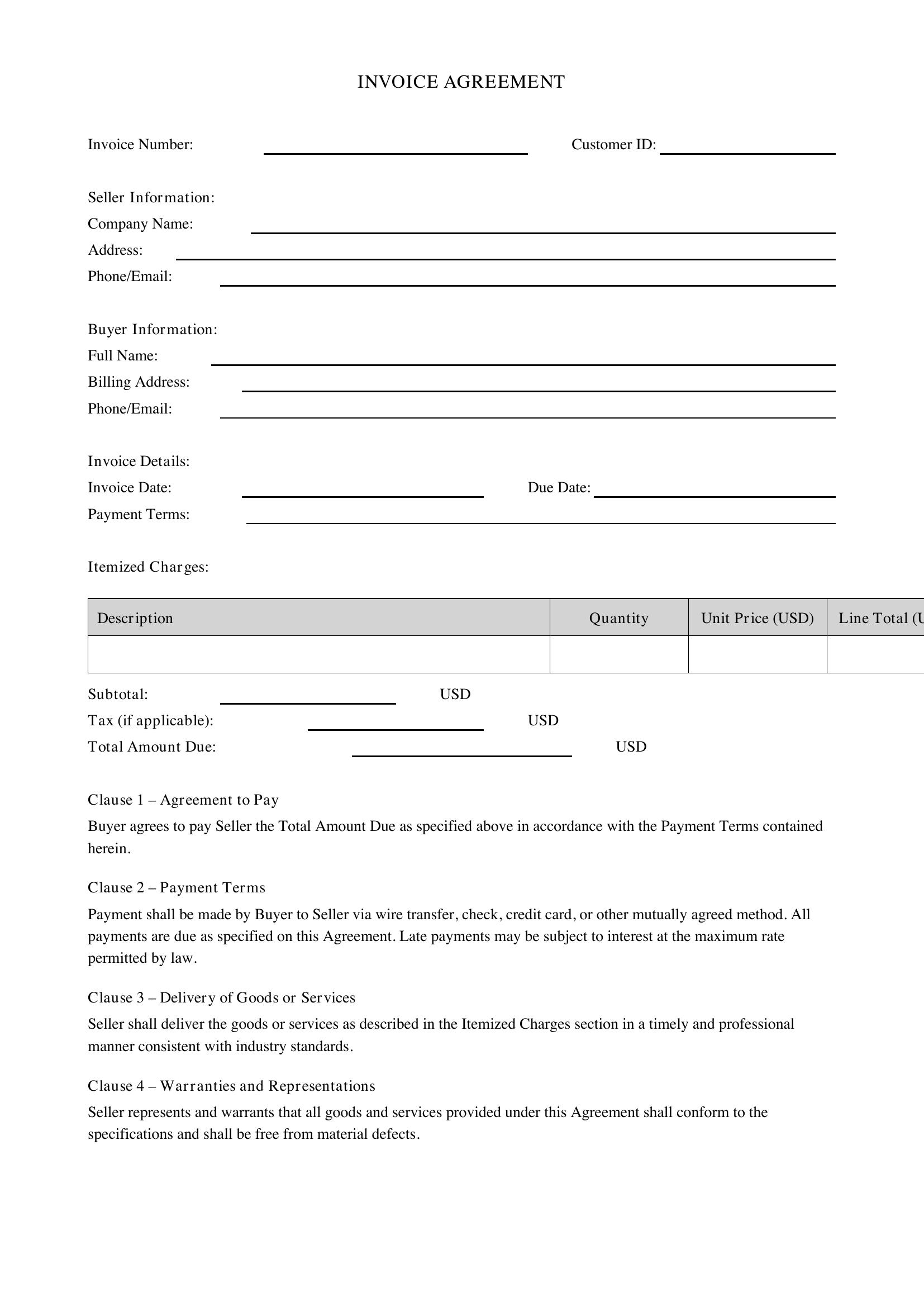 Invoice Agreement Template - US