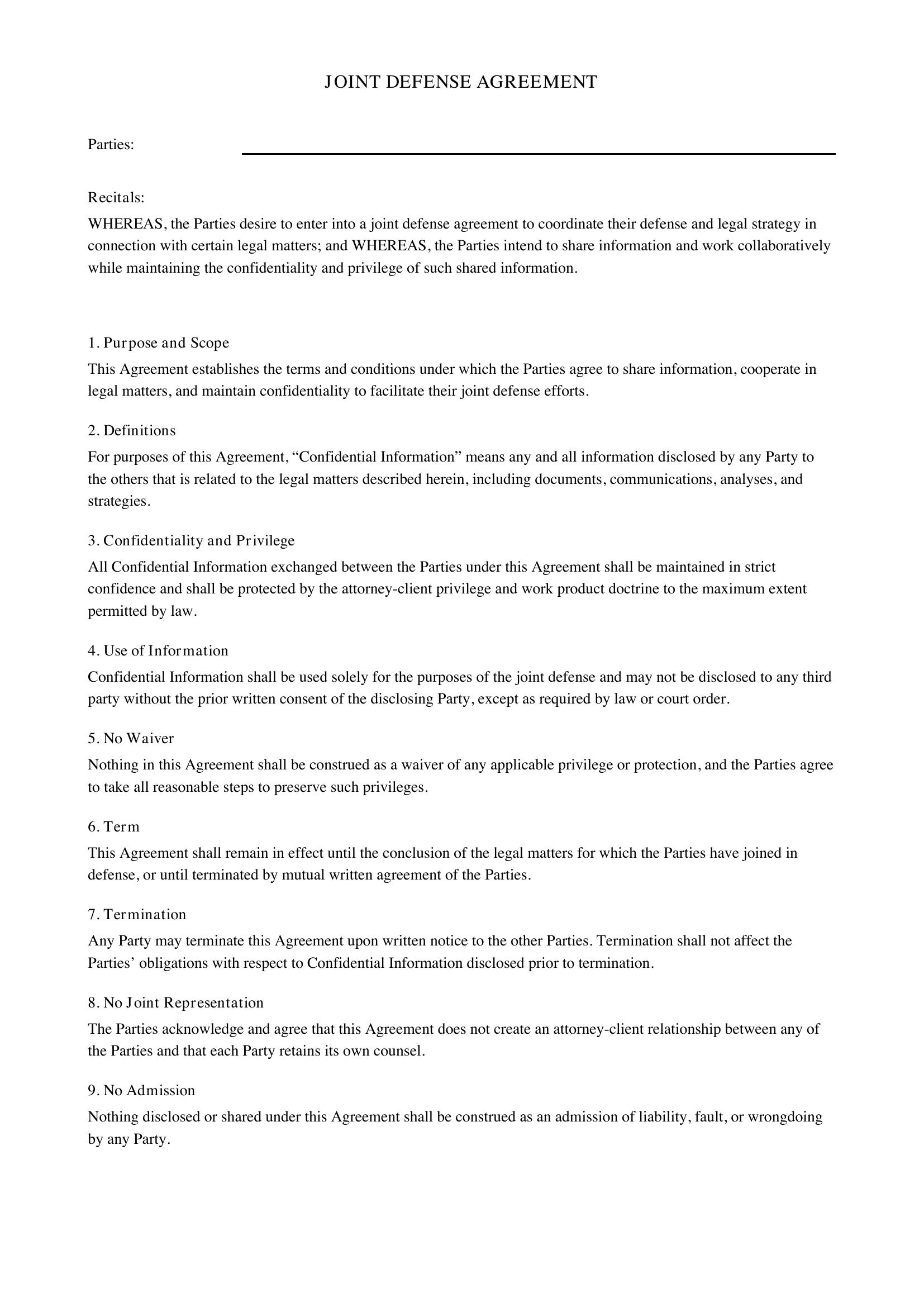 Joint Defense Agreement Template - US