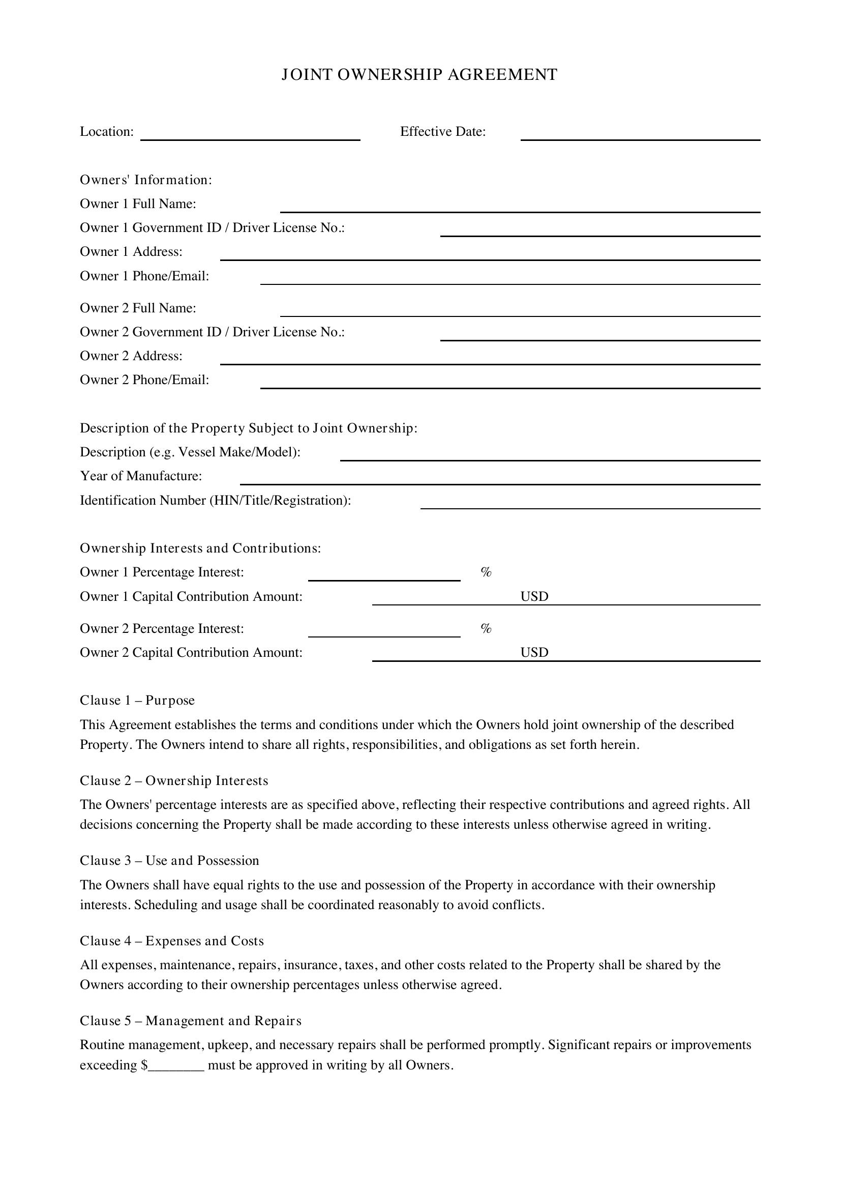 Joint Ownership Agreement Template - US