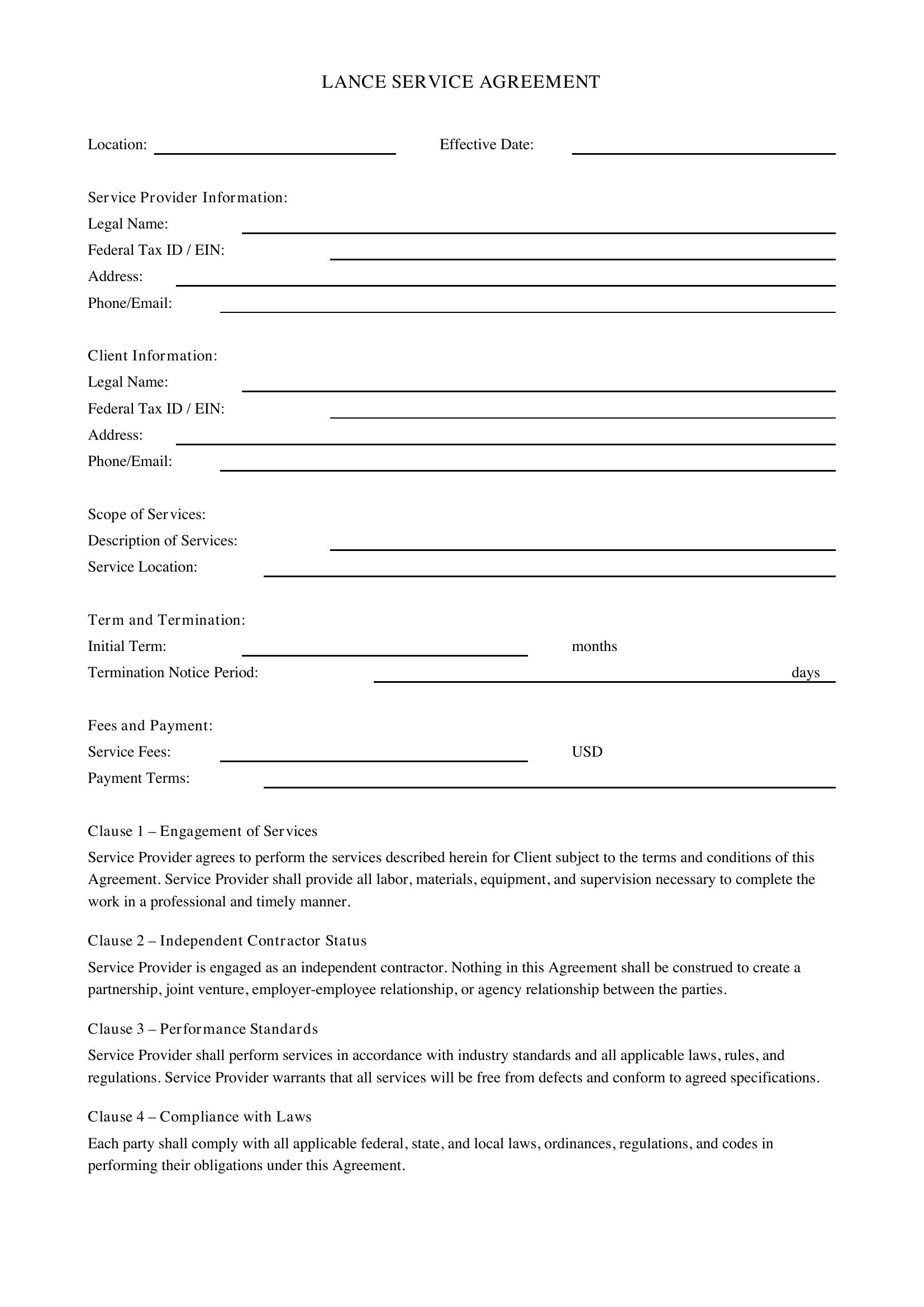 Lance Service Agreement Template - US