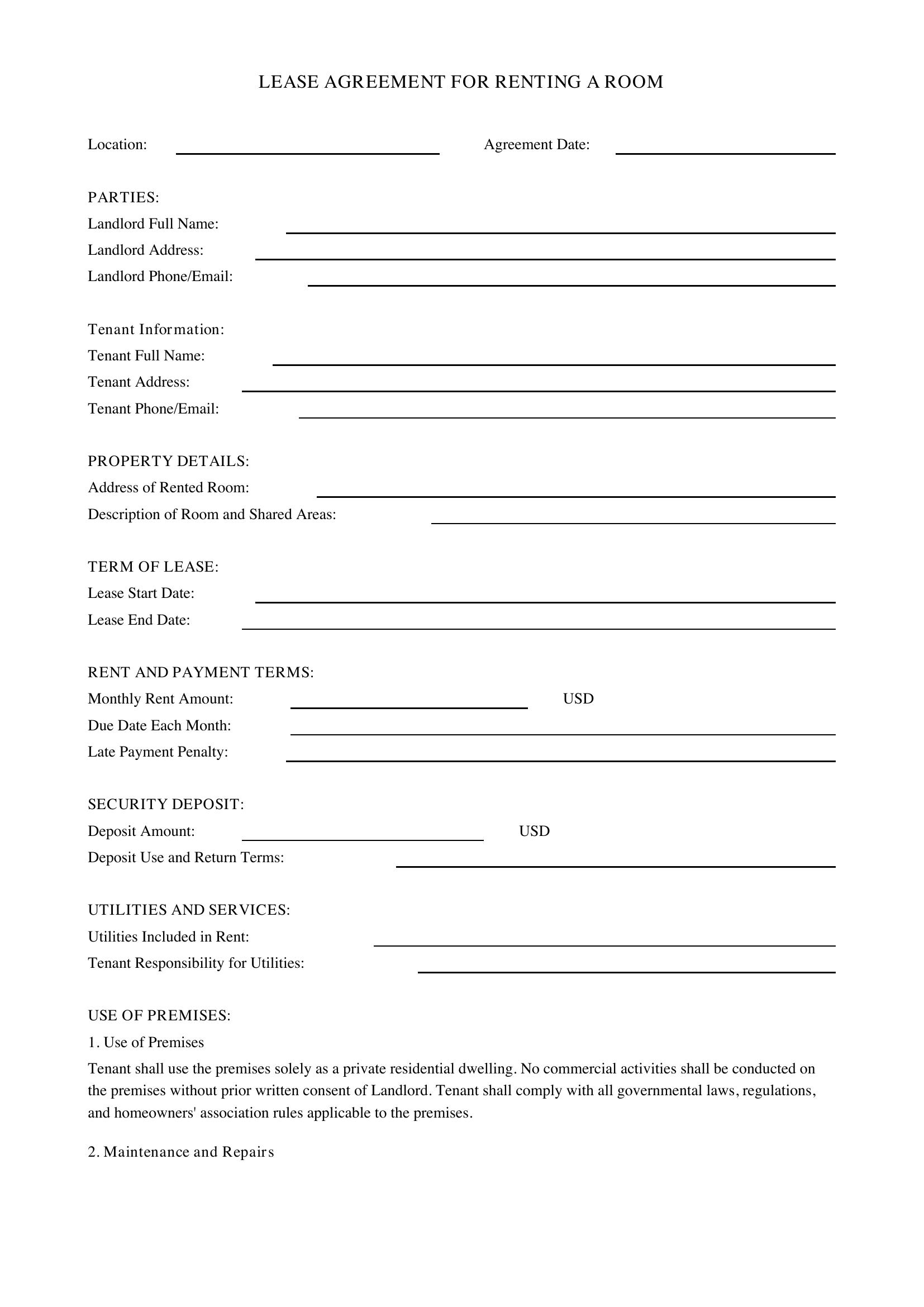 Lease Agreement For Renting A Room Template - US