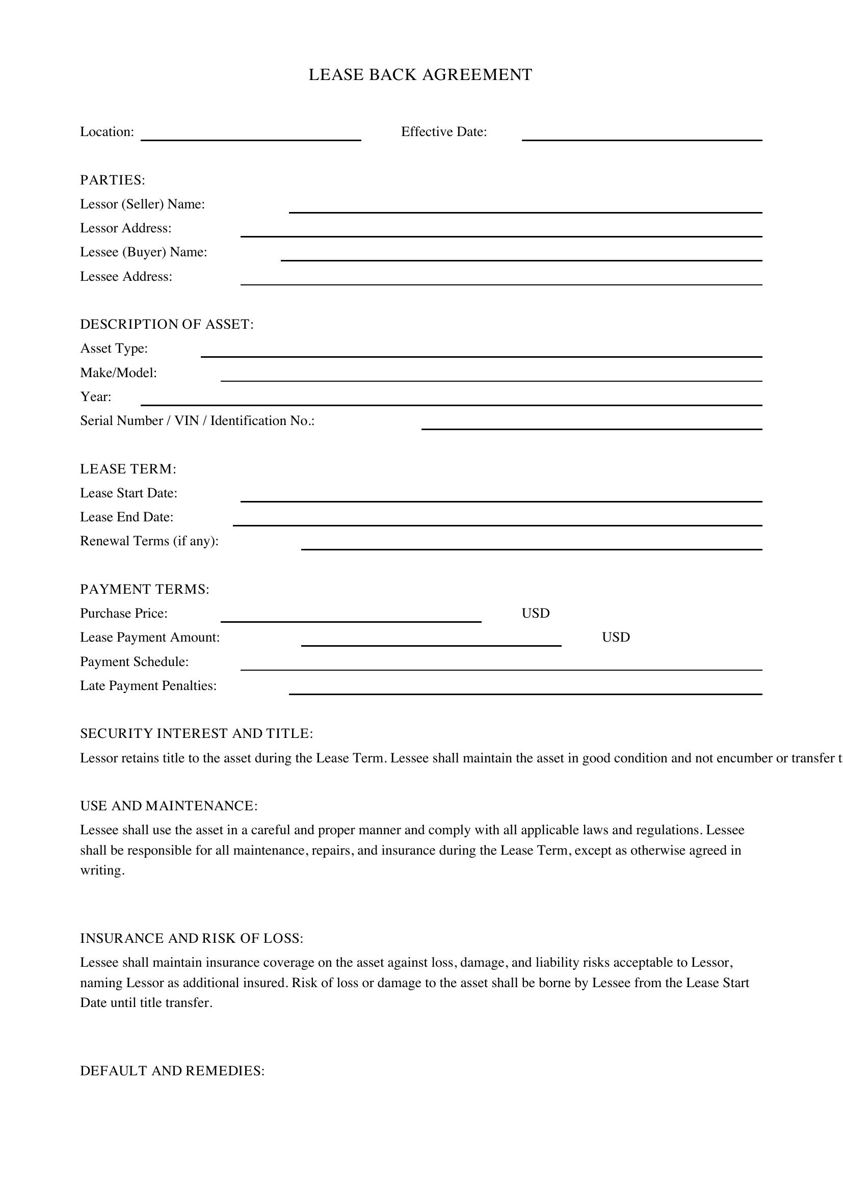 Lease Back Agreement Template - US