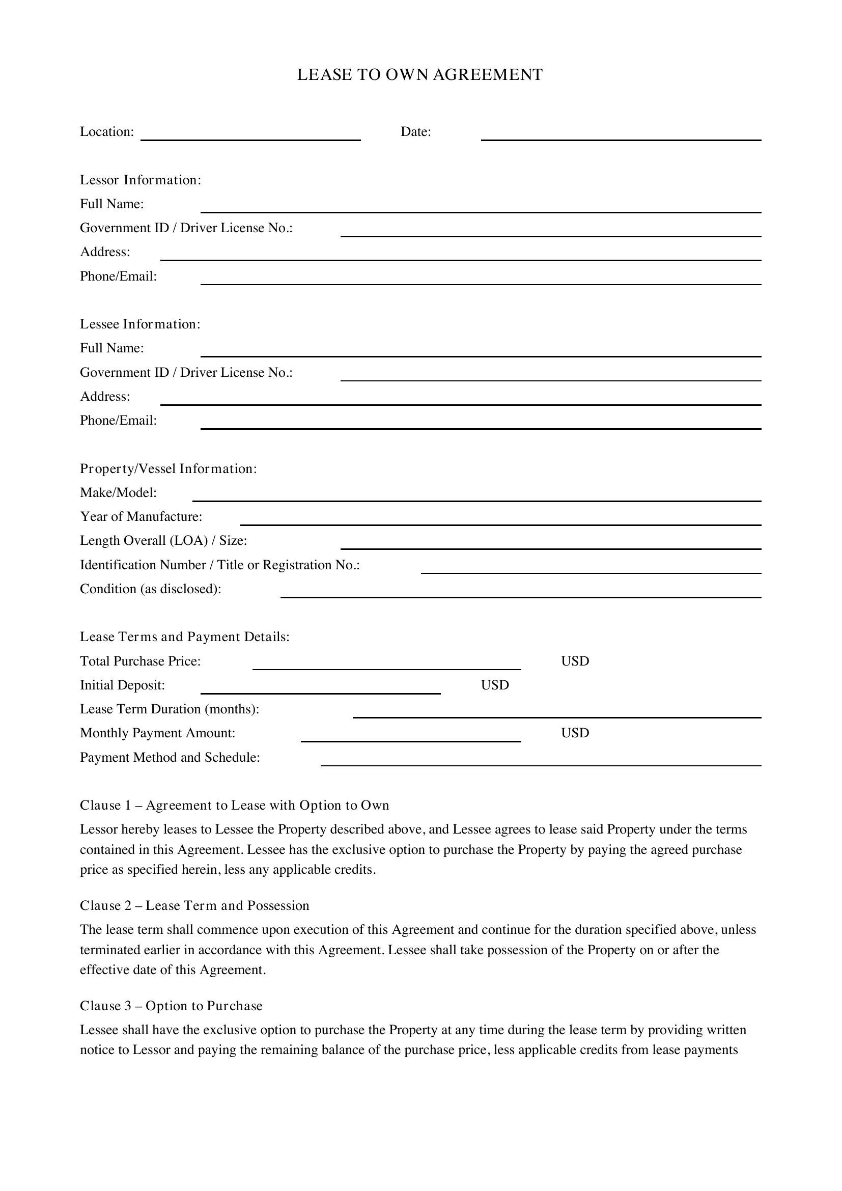 Lease To Own Agreement Template - US