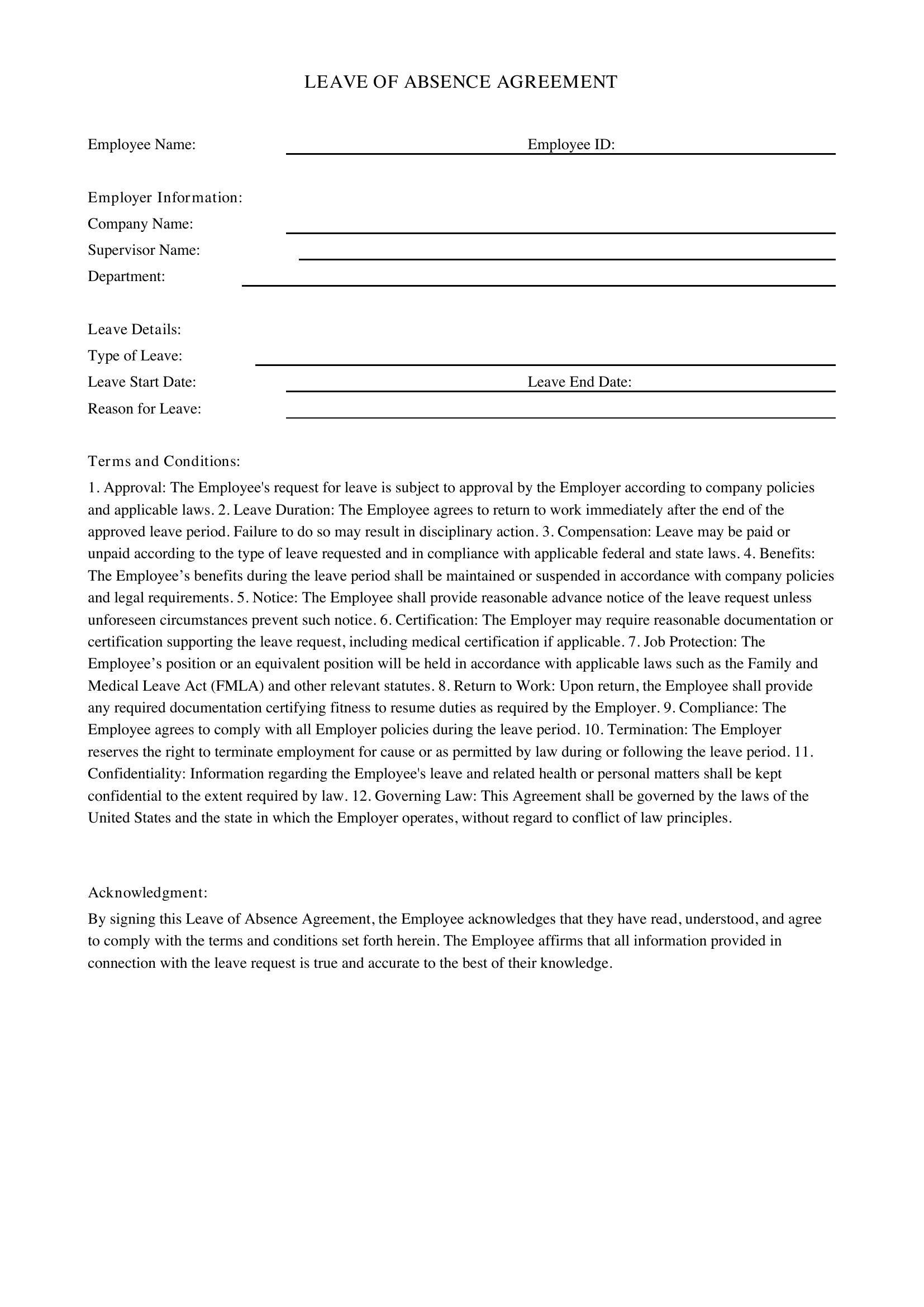 Leave Of Absence Agreement Template - US