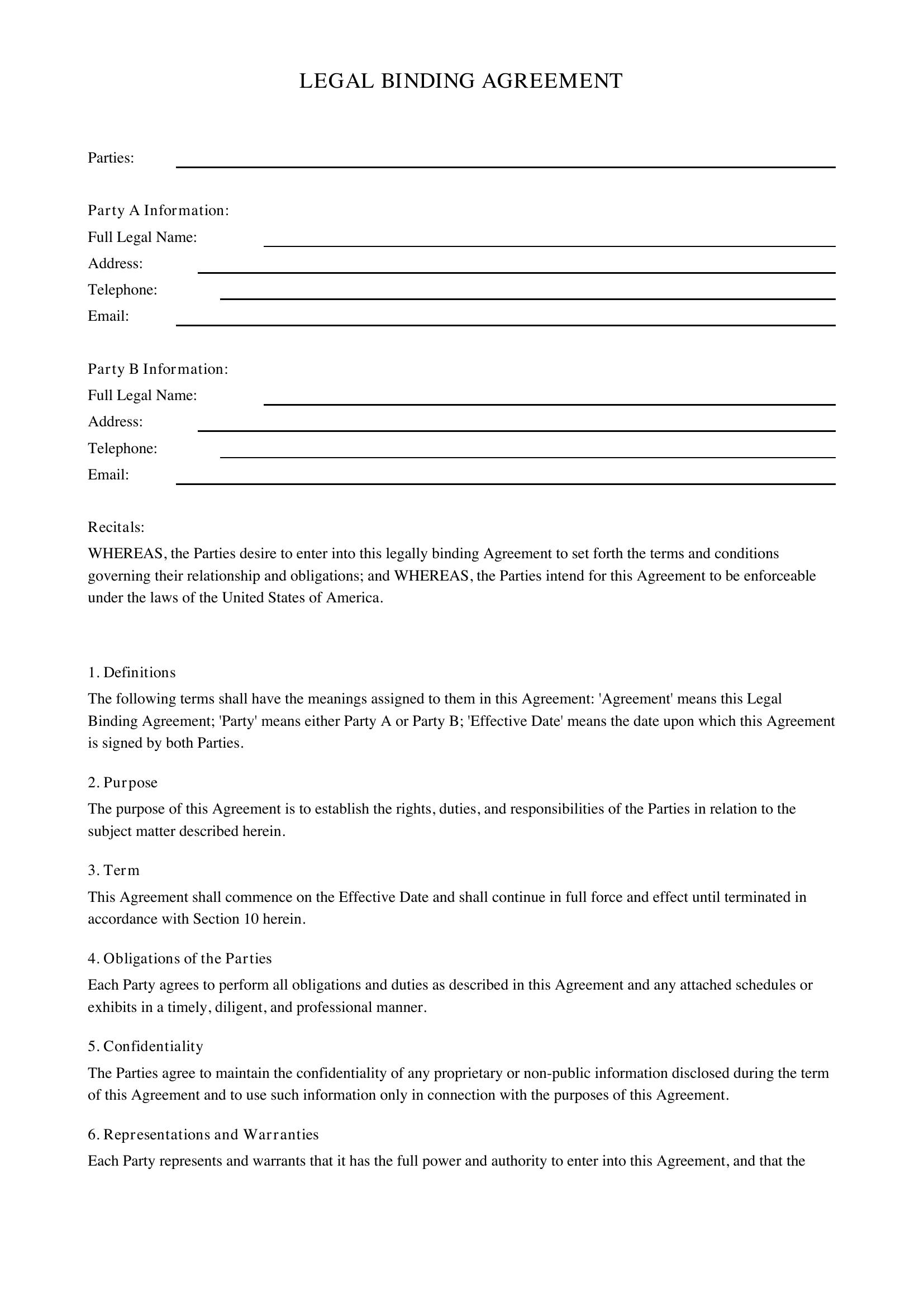 Legal Binding Agreement Template - US