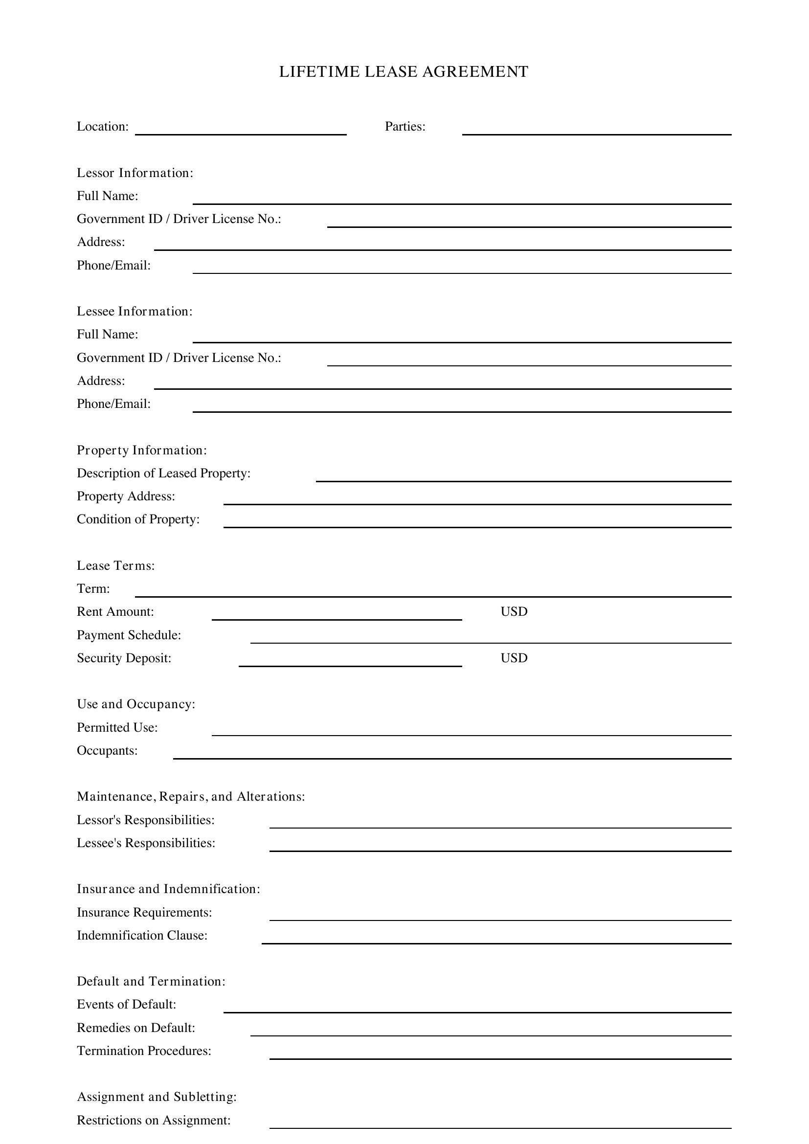Lifetime Lease Agreement Template - US