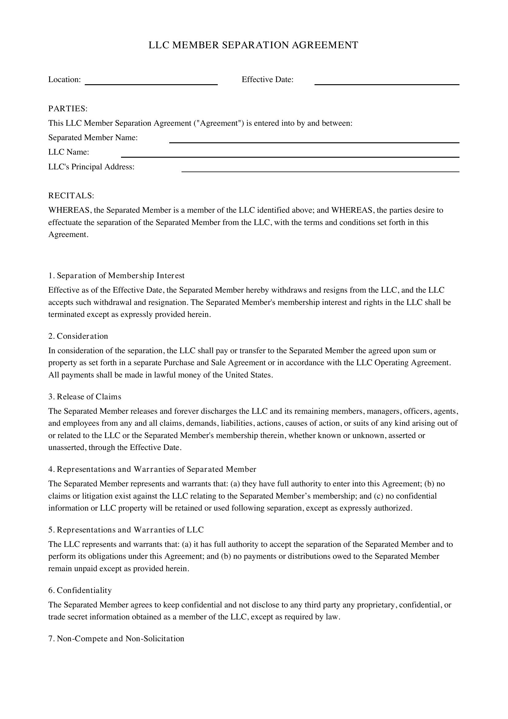 Llc Member Separation Agreement Template - US
