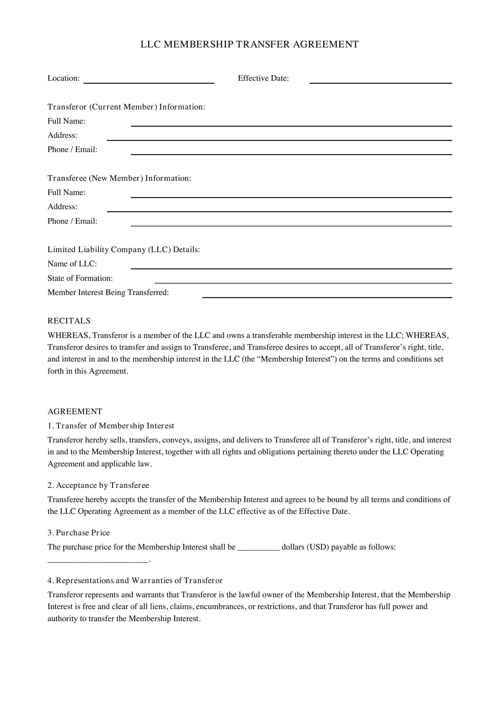 Llc Membership Transfer Agreement Template - US