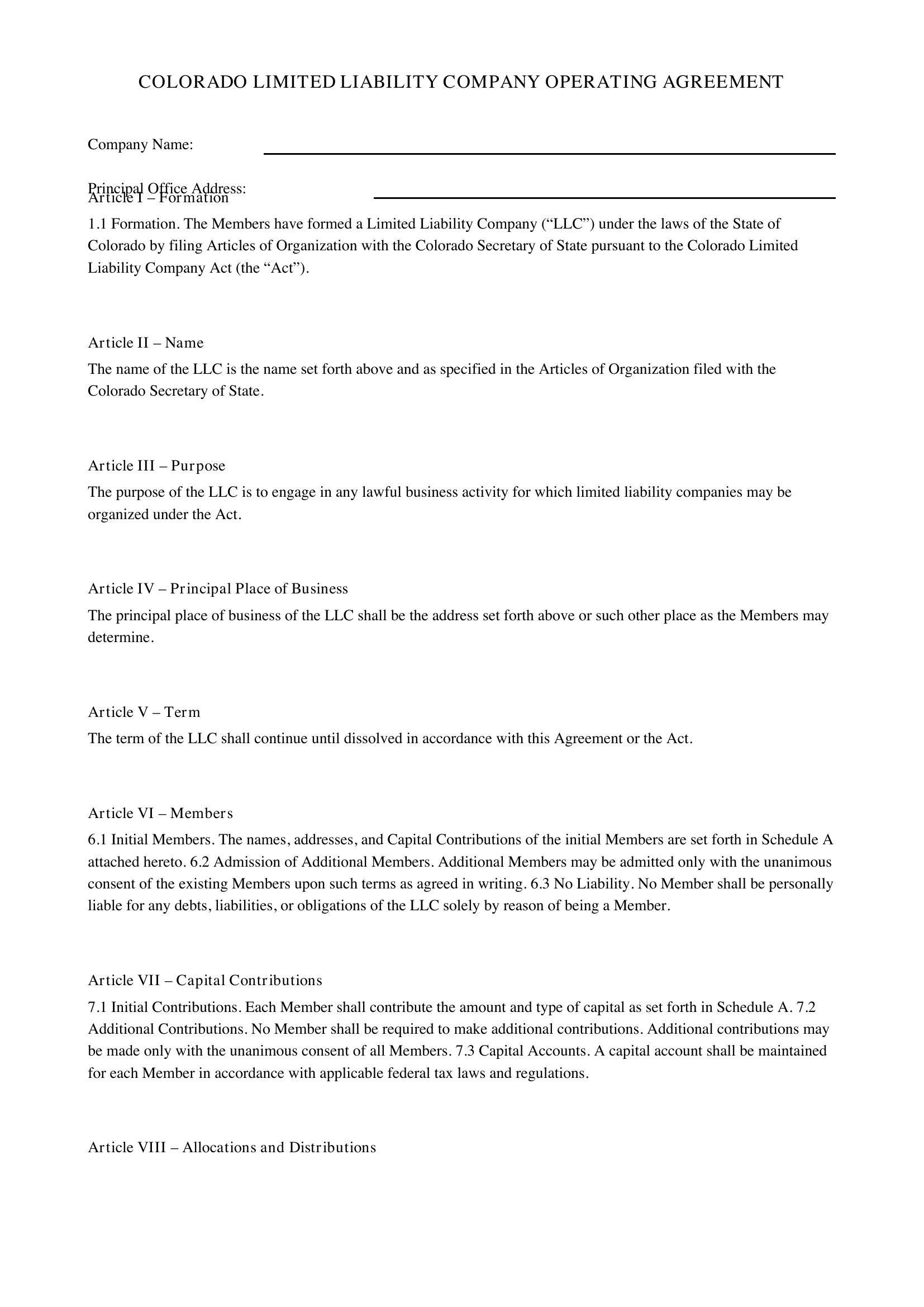 Llc Operating Agreement Colorado Template - US