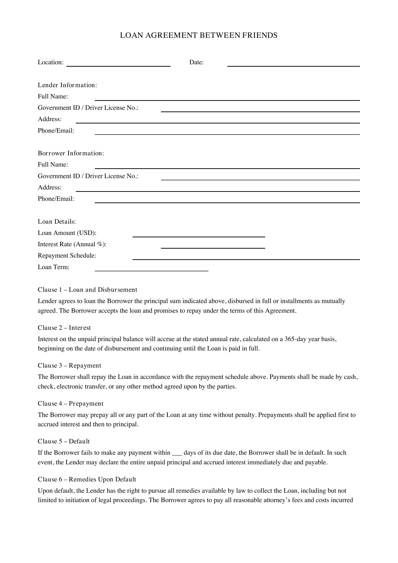 Loan Agreement Between Friends Template - US