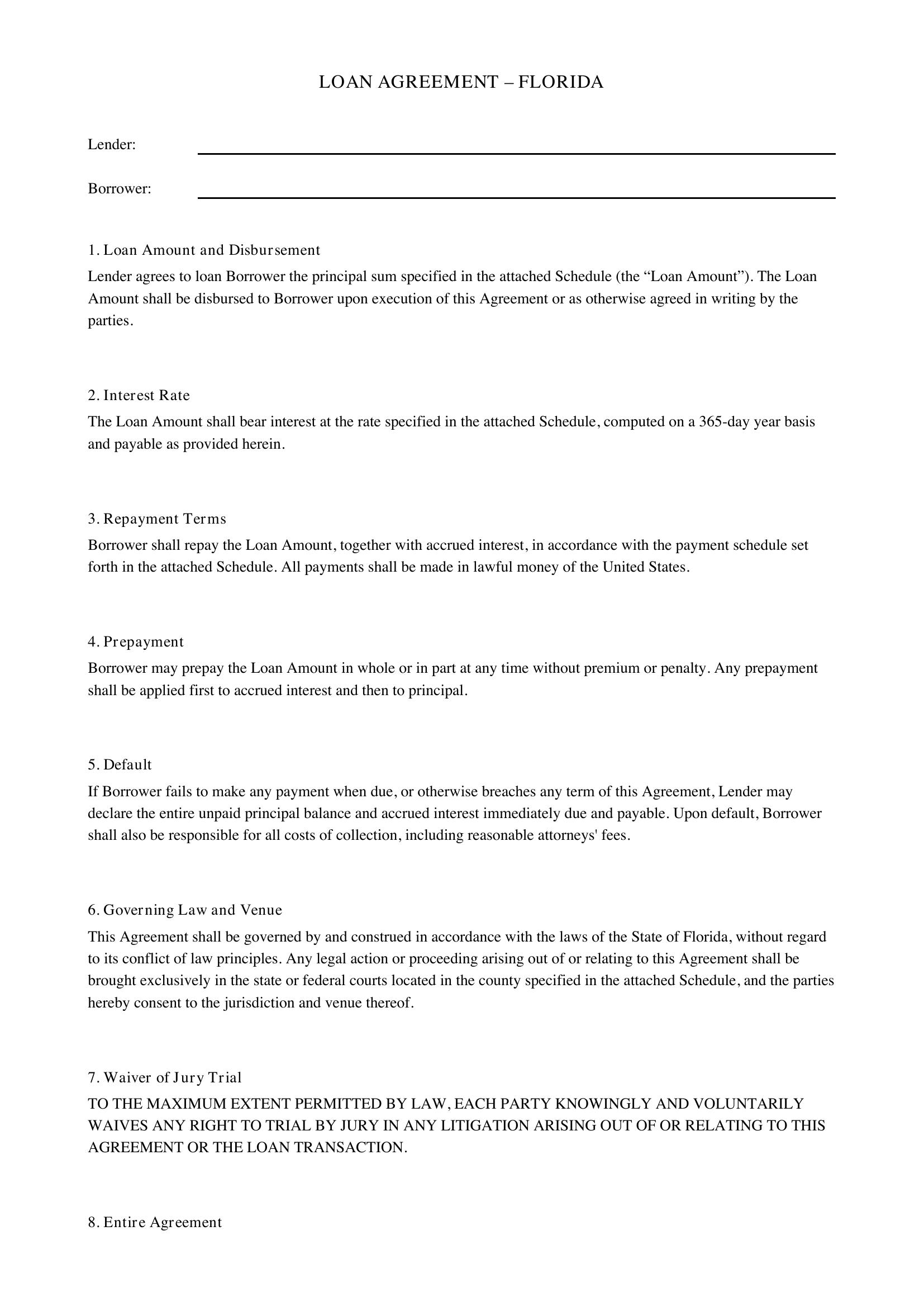 Loan Agreement Florida Template - US