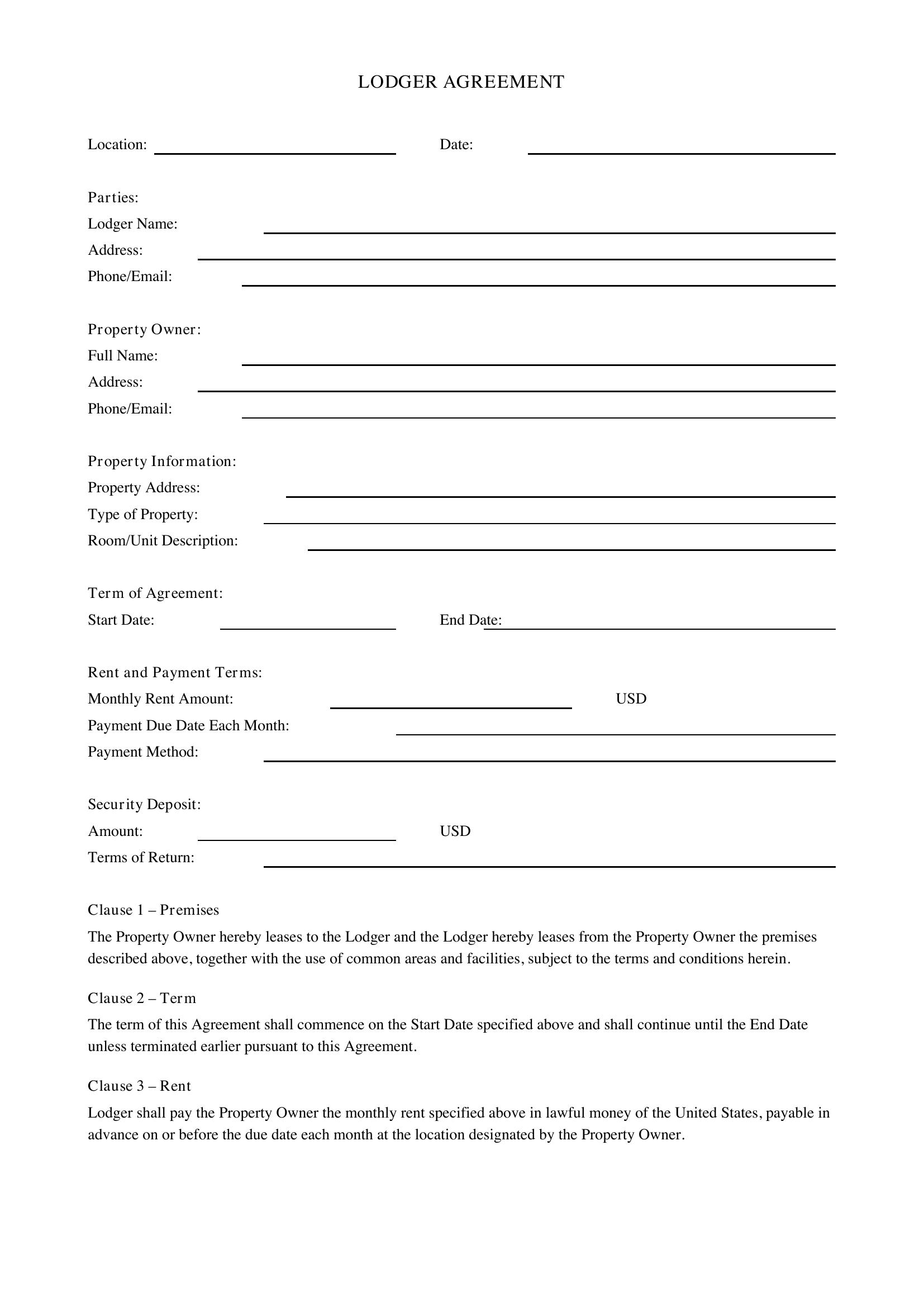 Lodger Agreement Template - US
