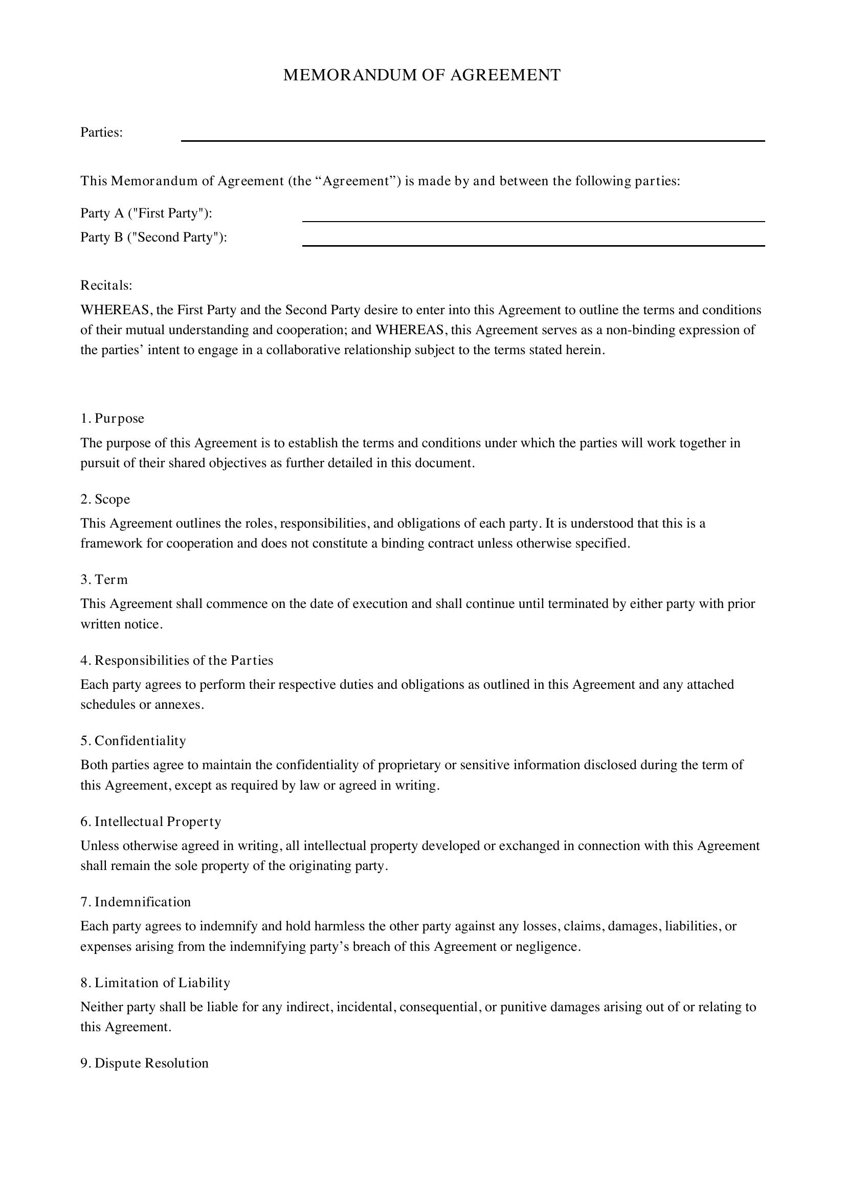 Memorandum Of Agreement Template - US