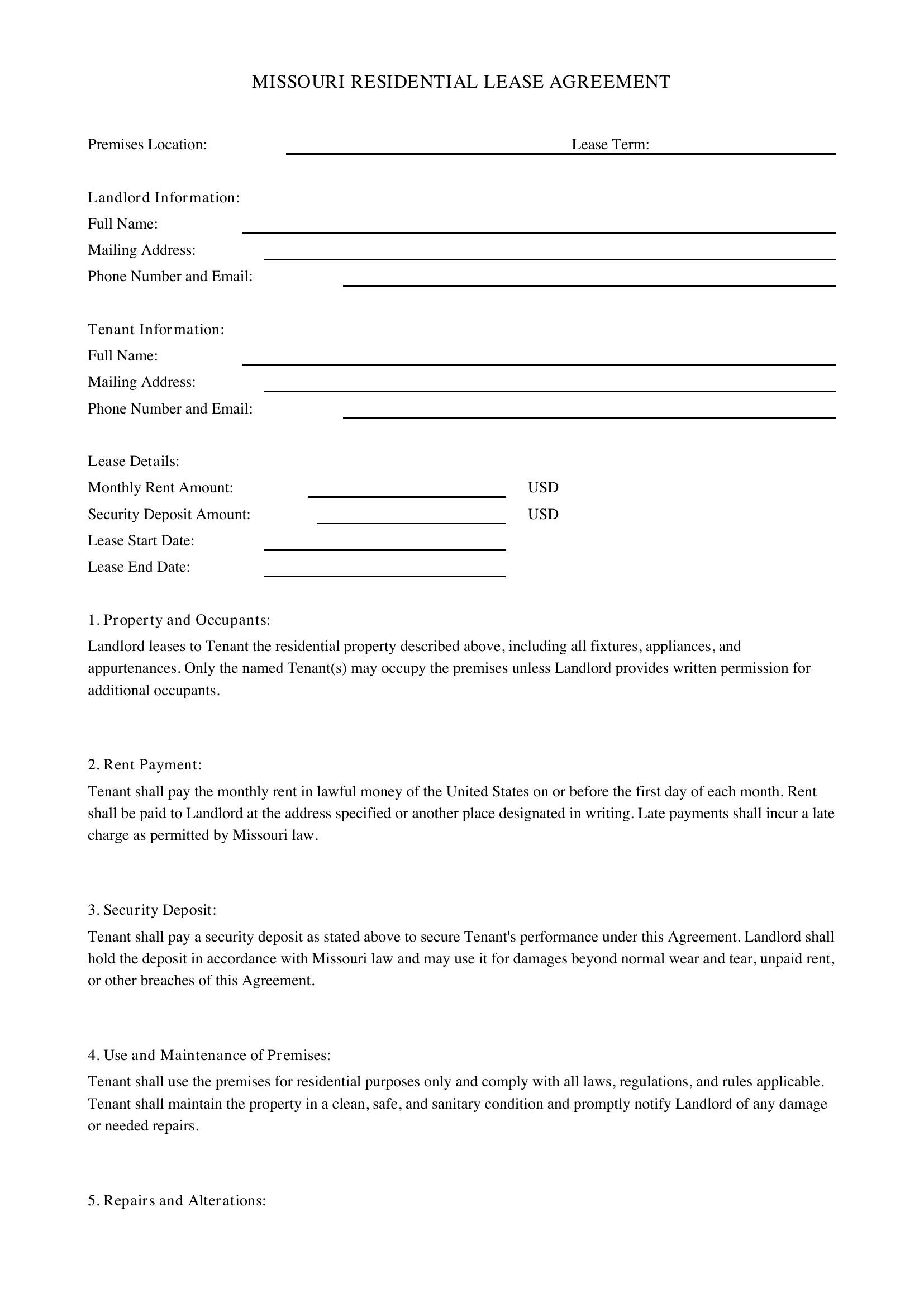 Missouri Lease Agreement Template - US