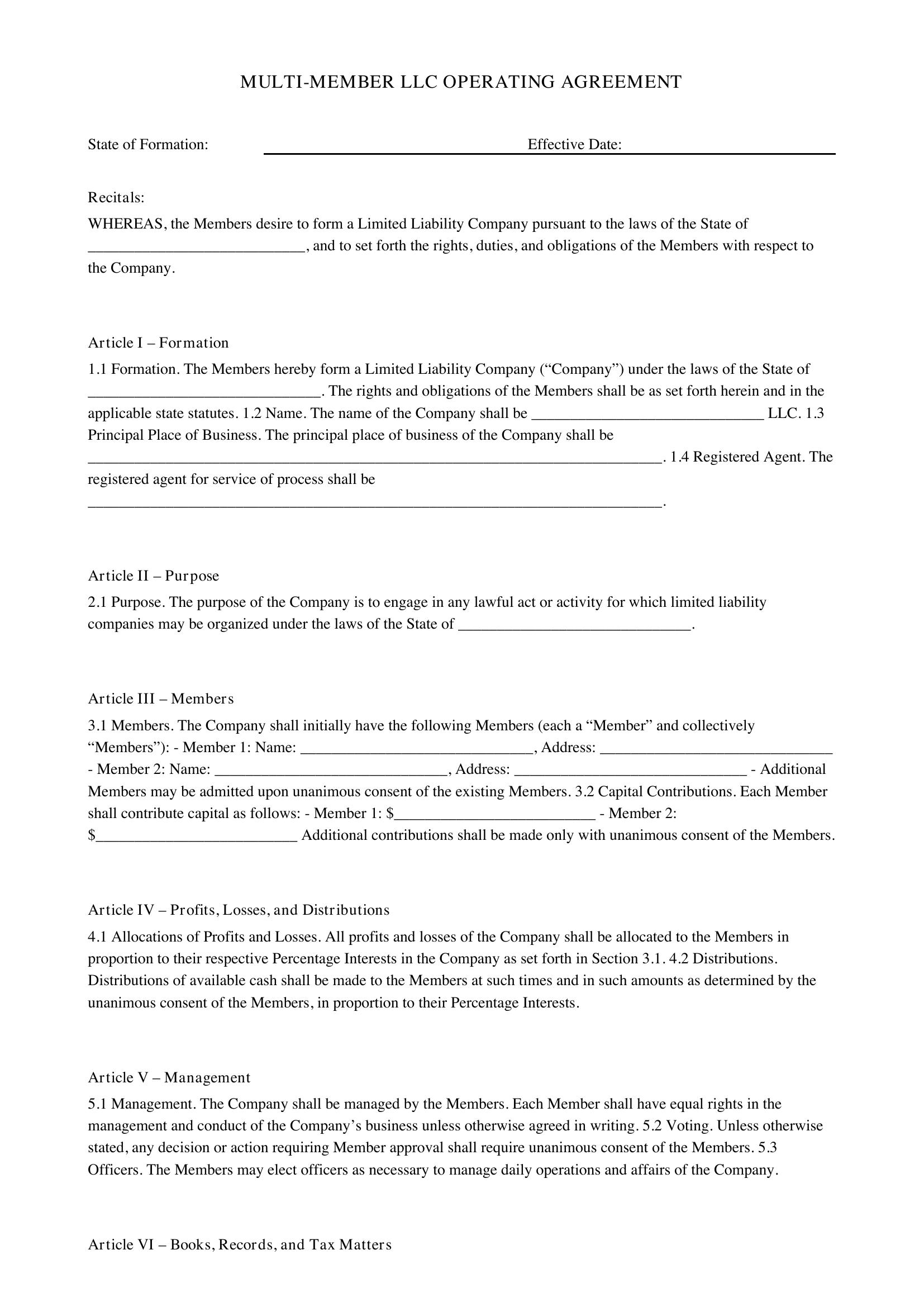 Multi Member Llc Operating Agreement Template - US