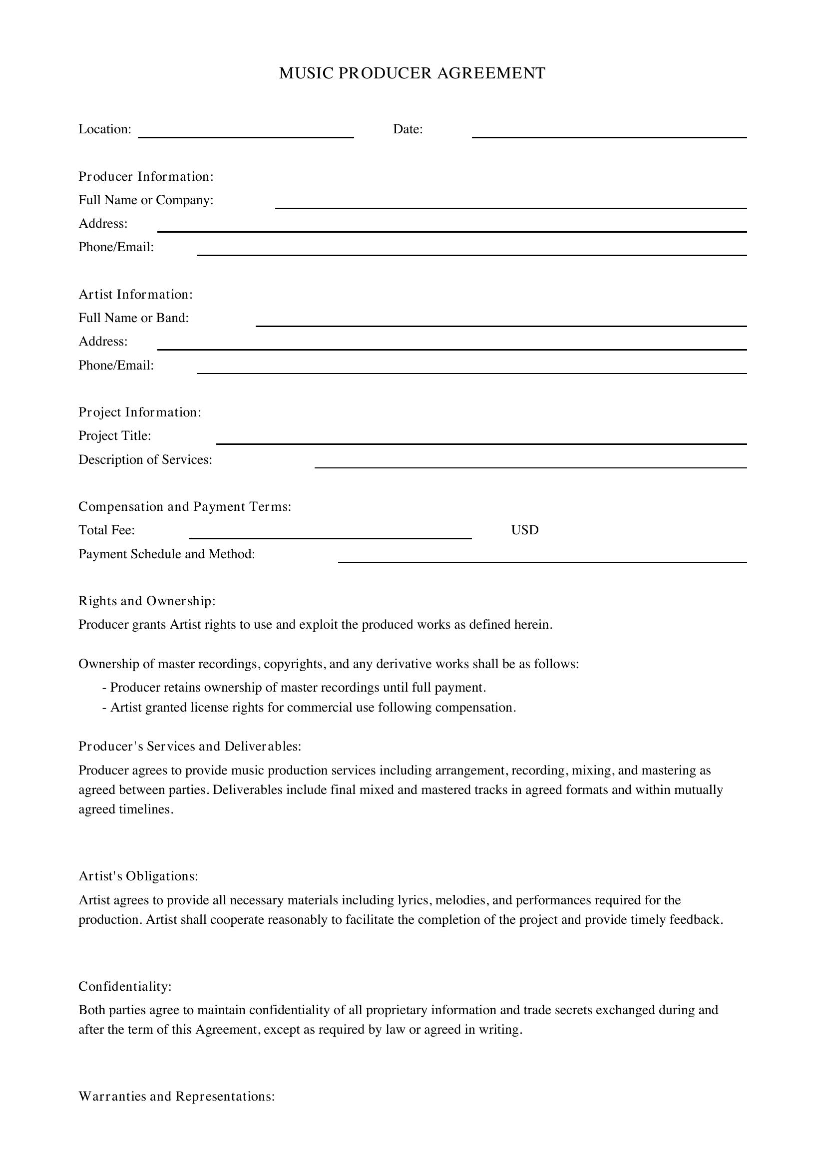 Music Producer Agreement Template - US