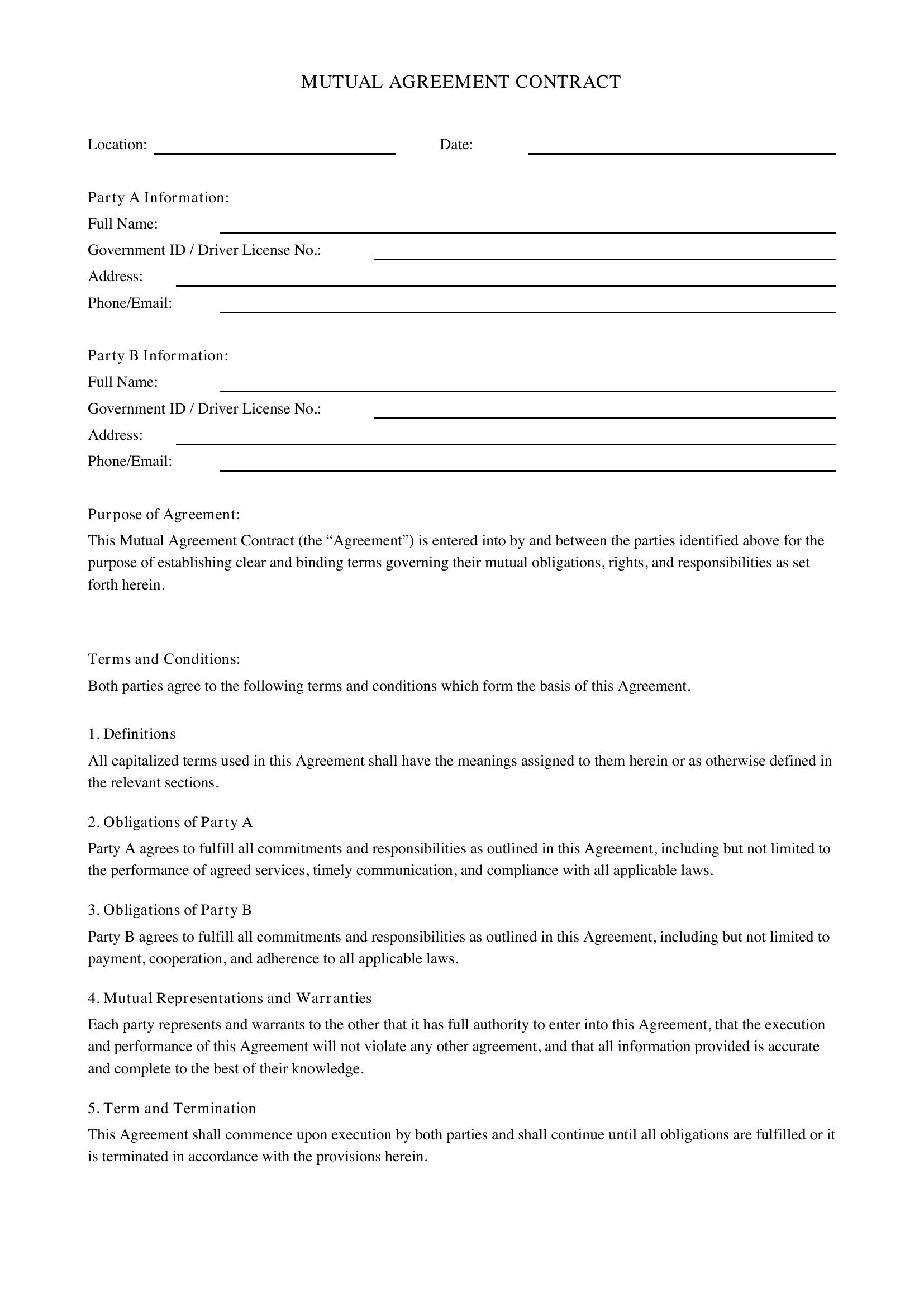 Mutual Agreement Contract Template - US