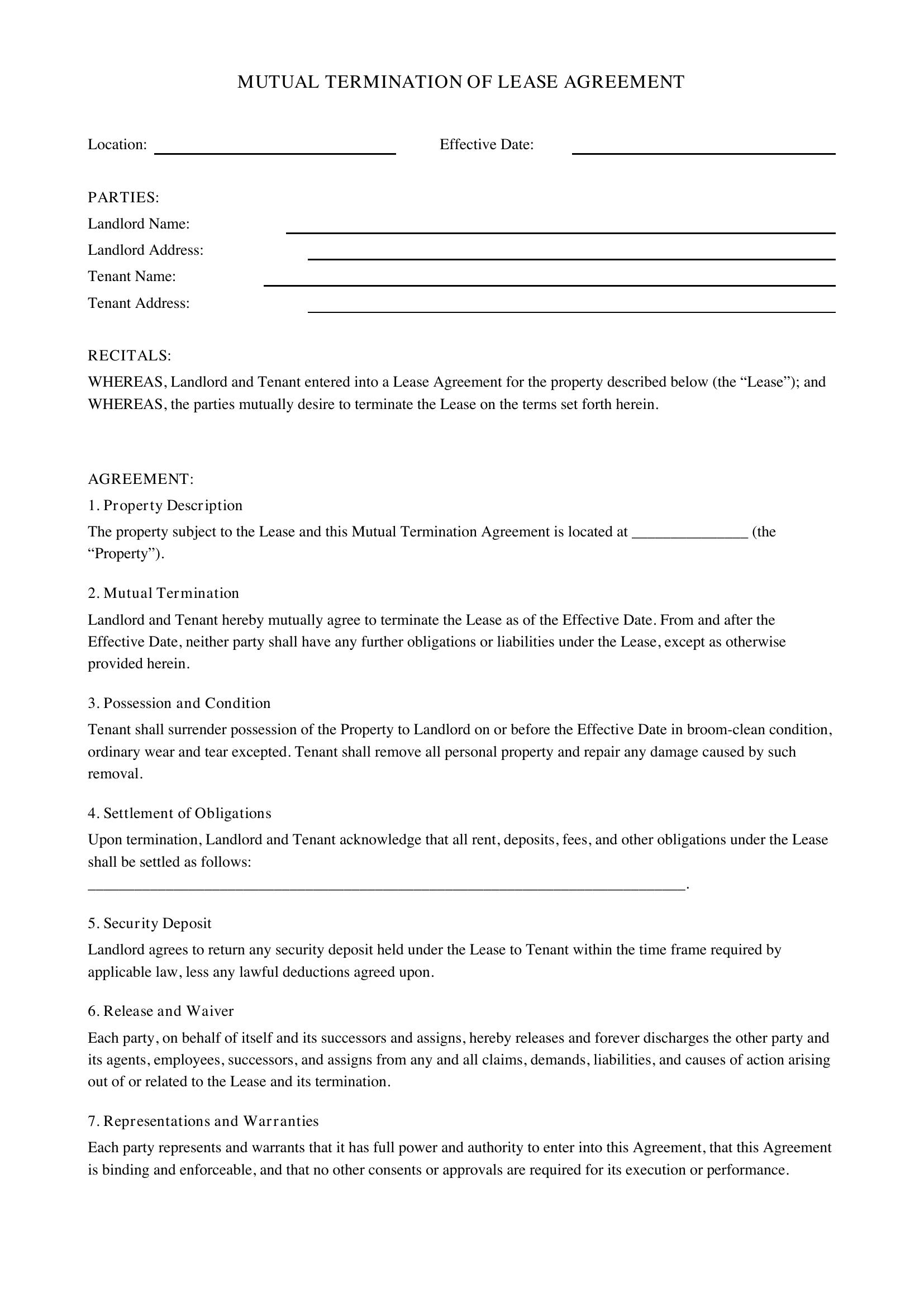 Mutual Termination Of Lease Agreement Template - US