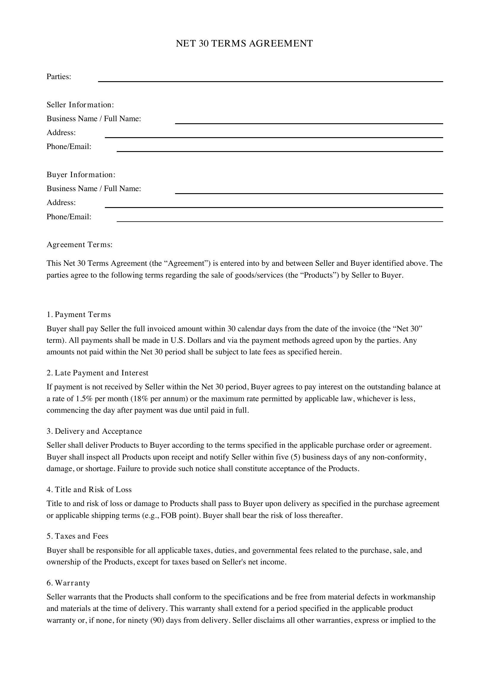 Net 30 Terms Agreement Template - US