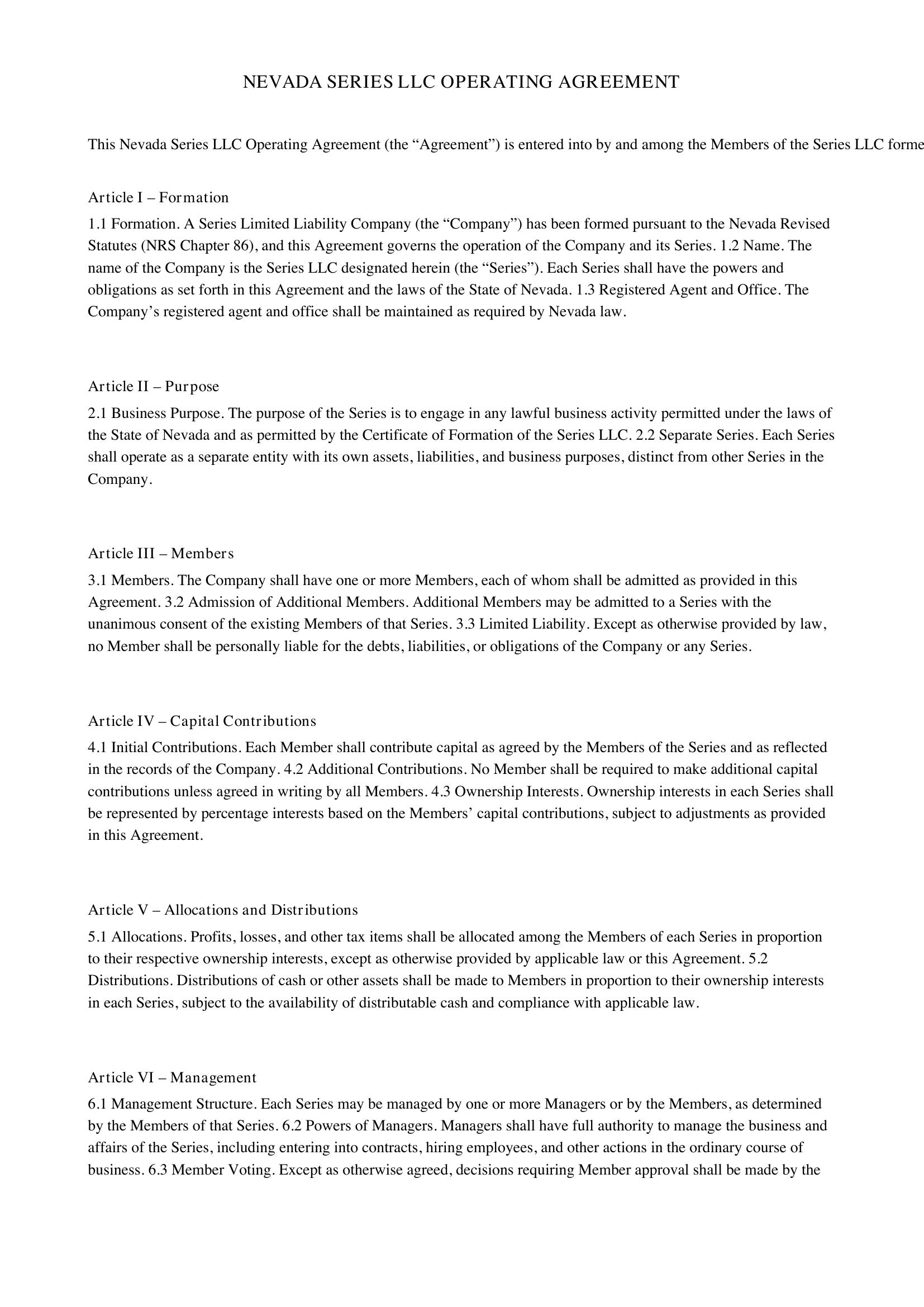 Nevada Series Llc Operating Agreement Template - US