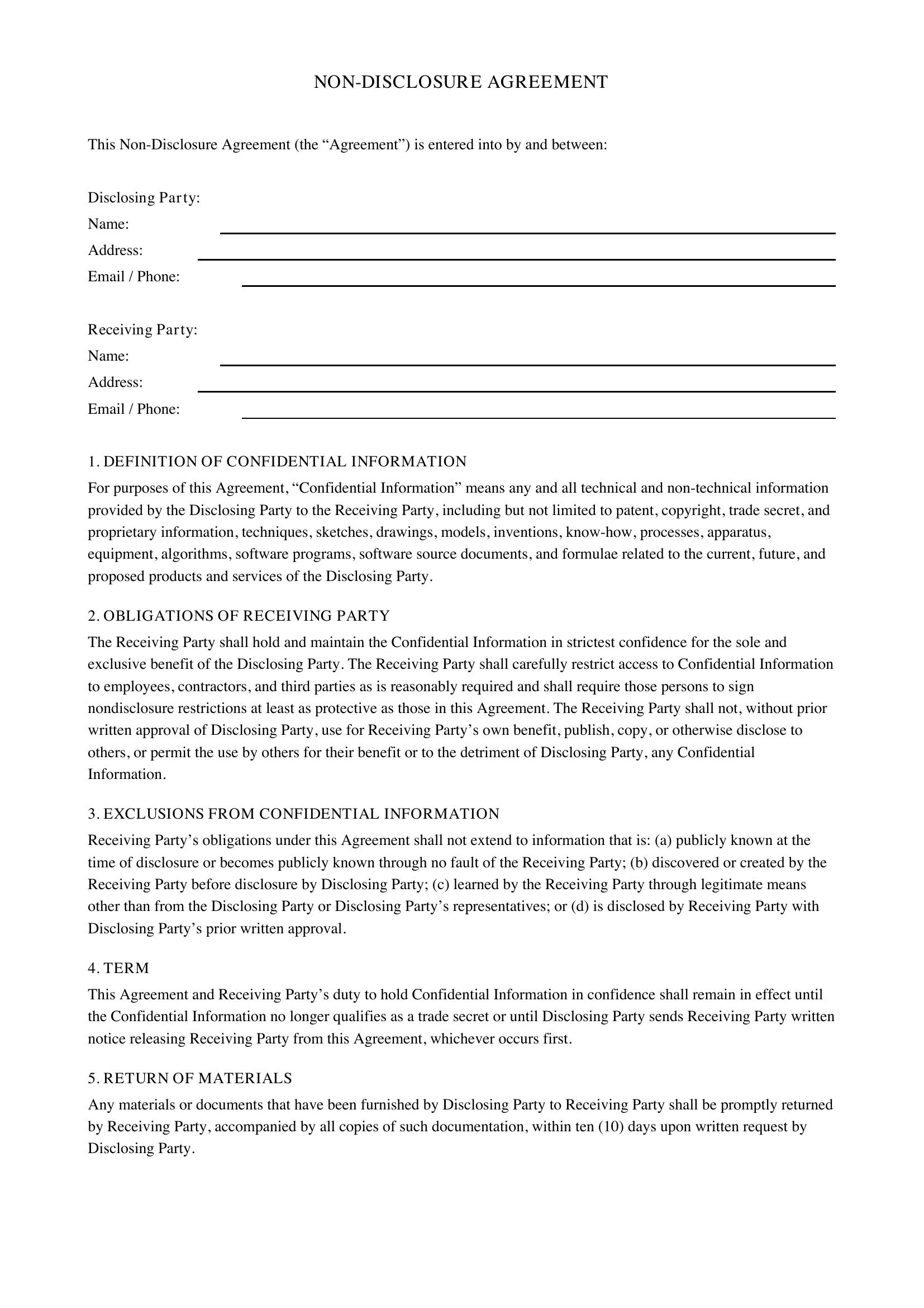 Non Disclosure Agreement California Template - US
