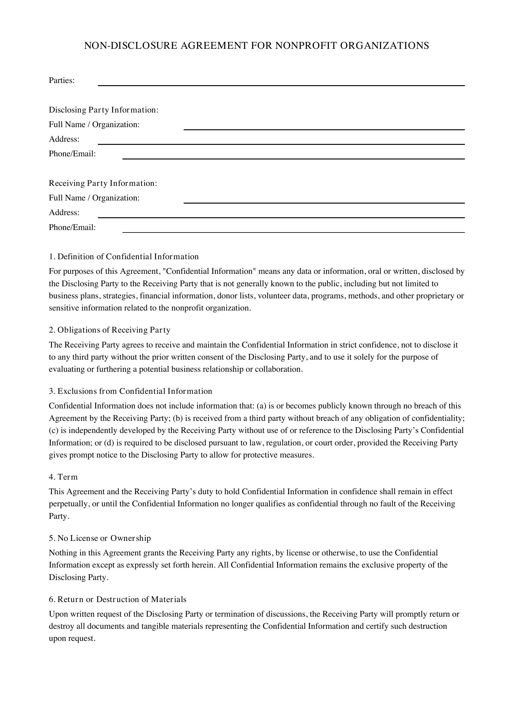 Non Disclosure Agreement For Nonprofit Organizations Template - US
