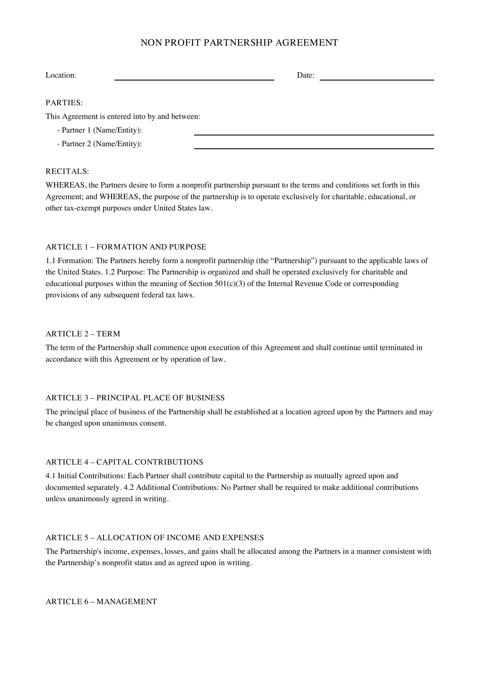 Non Profit Partnership Agreement Template - US