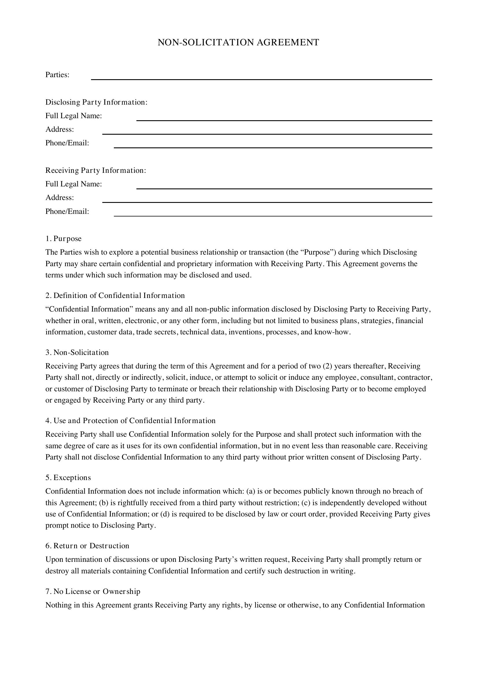 Non Solicitation Agreement Template - US