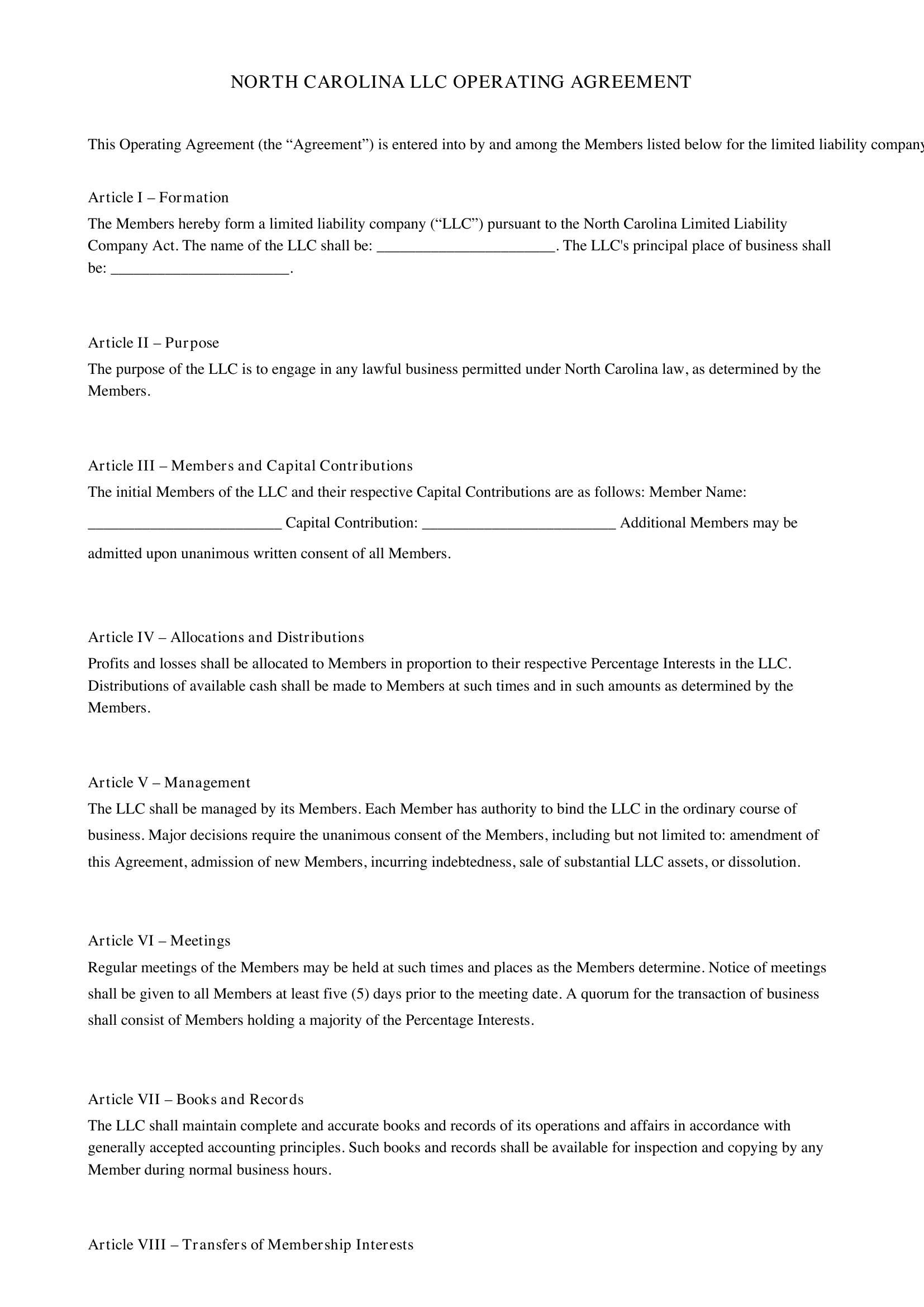 North Carolina Llc Operating Agreement Template - US
