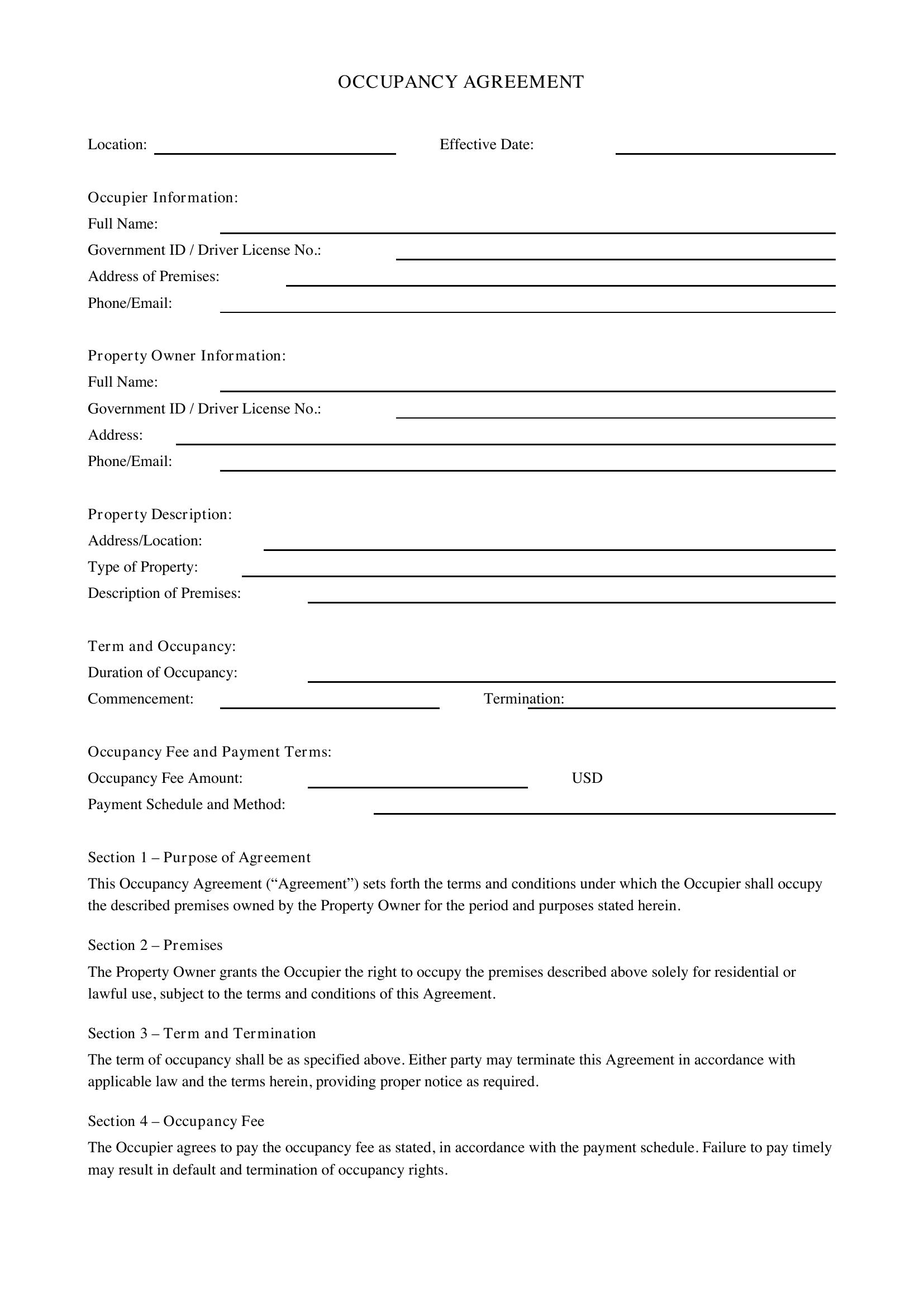 Occupancy Agreement Template - US