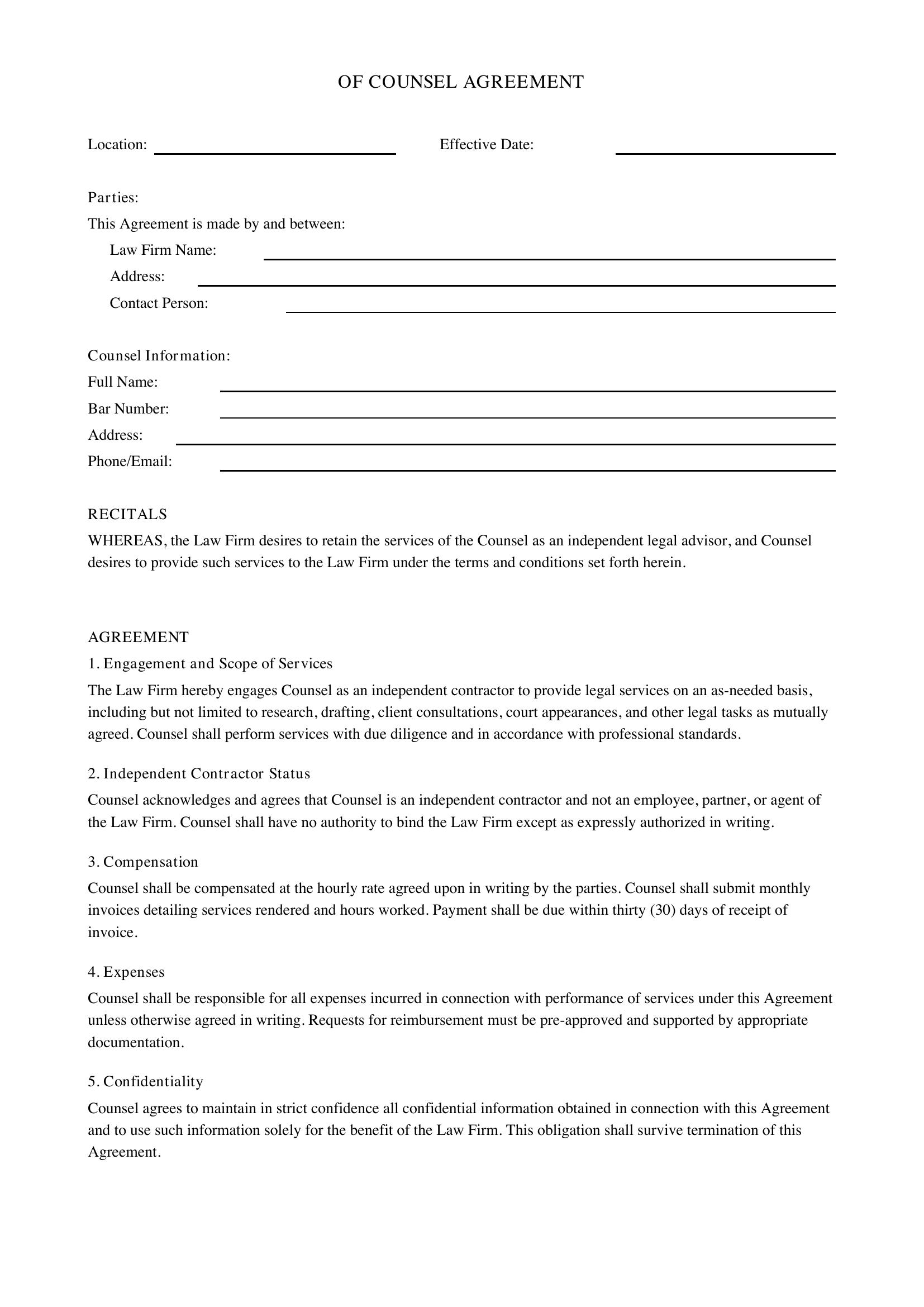 Of Counsel Agreement Template - US