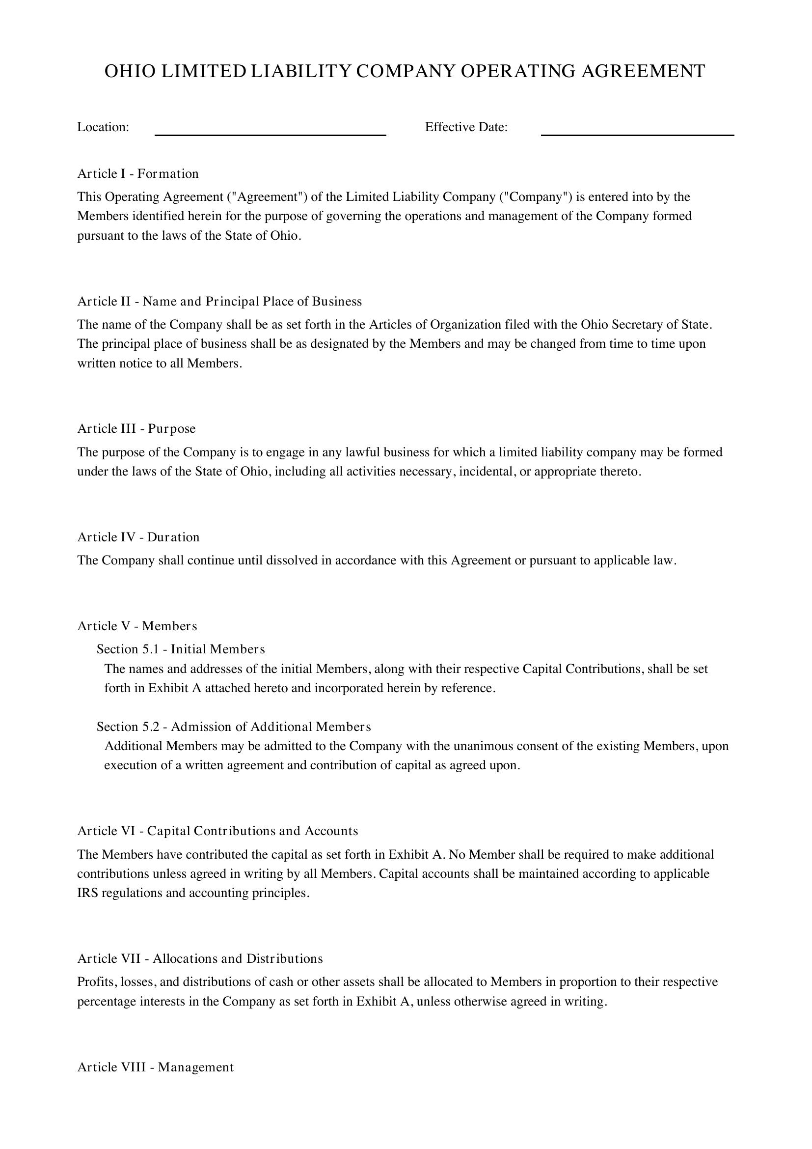 Ohio Llc Operating Agreement Template - US