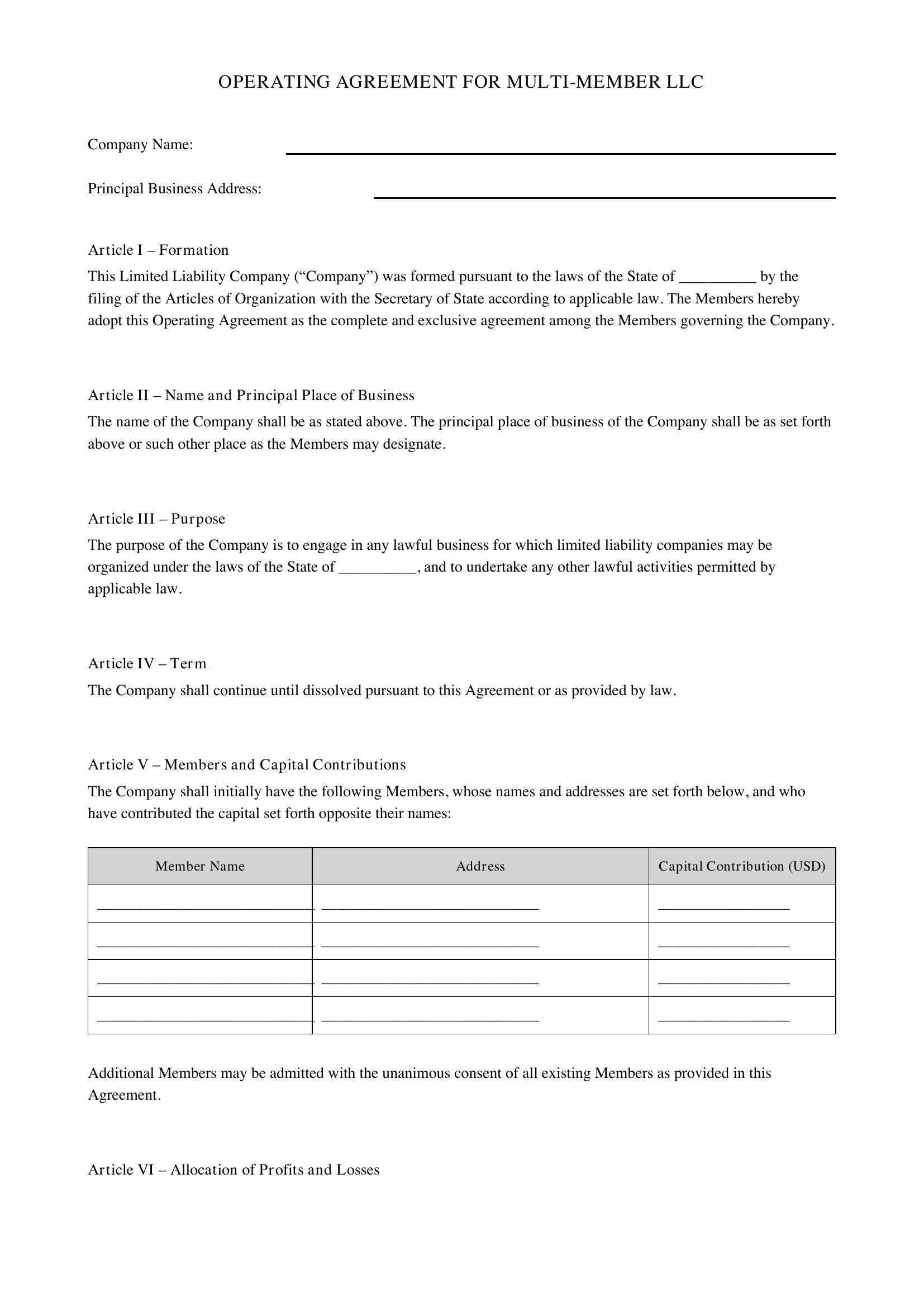 Operating Agreement For Multi Member Llc Template - US