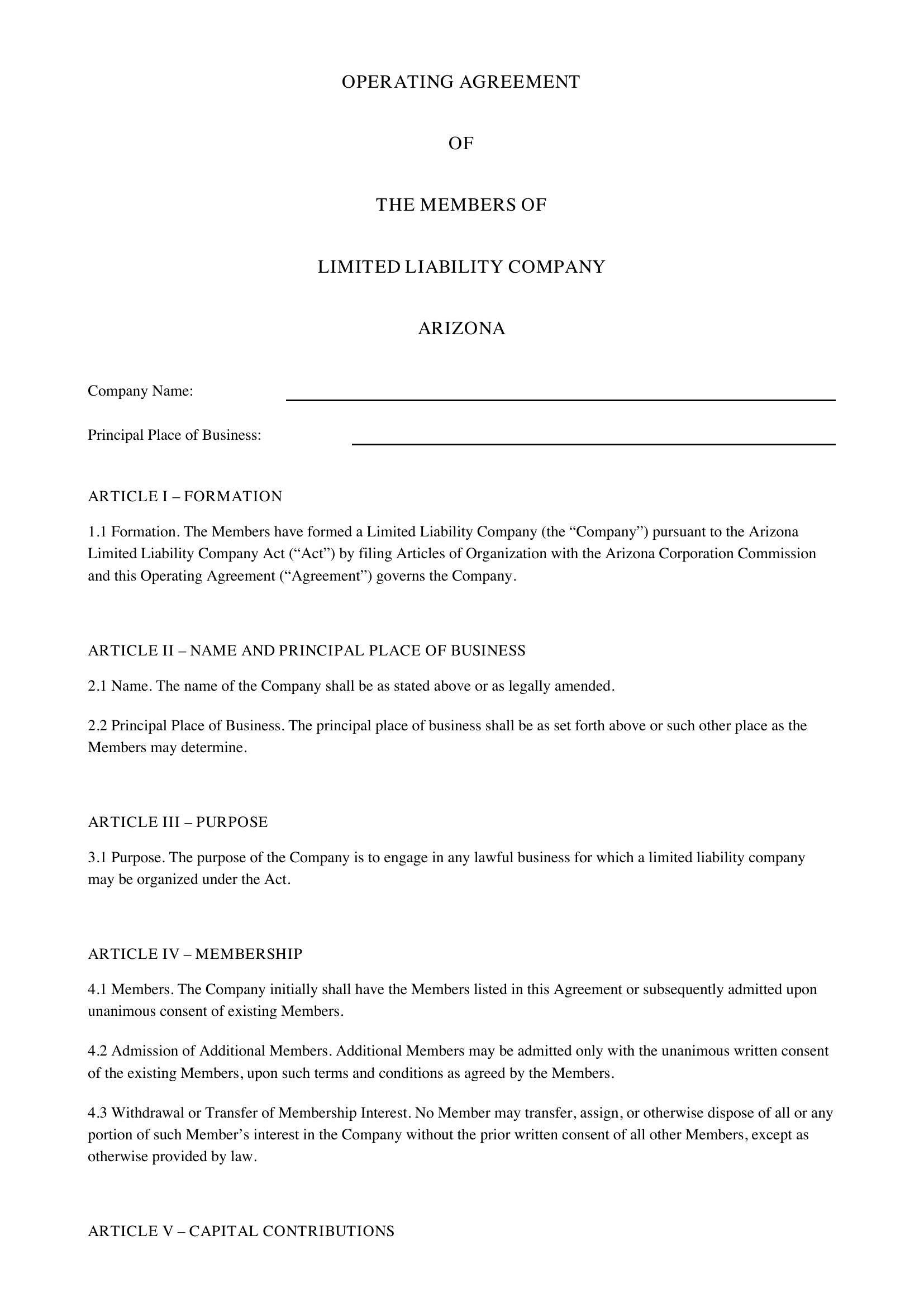 Operating Agreement Llc Arizona Template - US